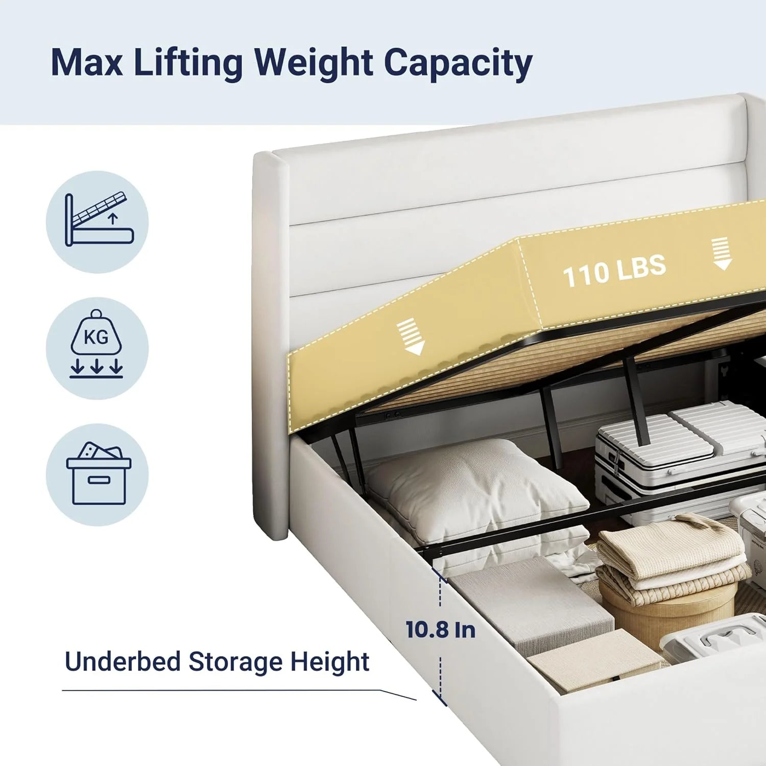 Allewie Queen Size Lift Up Storage Bed Modern Wingback Headboard Hydraulic Support