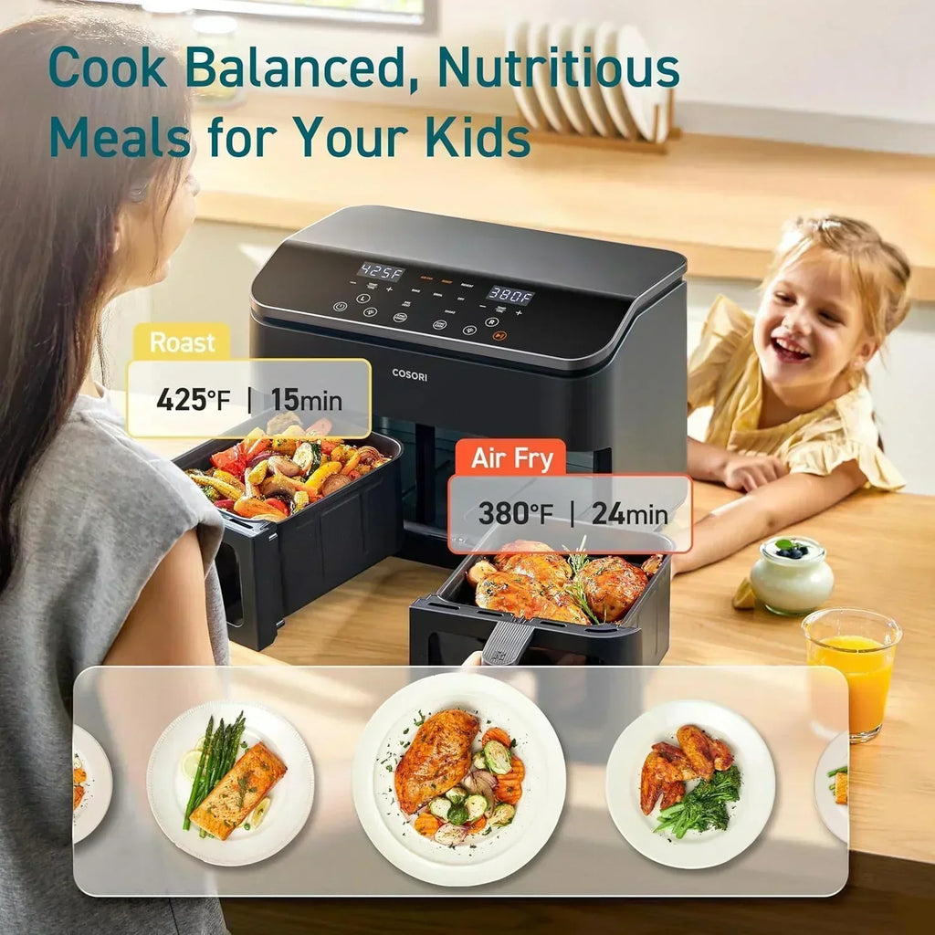 COSORI 9Qt 10-in-1 Dual Air Fryer Fresh Balanced Meals for Family with Double Baskets