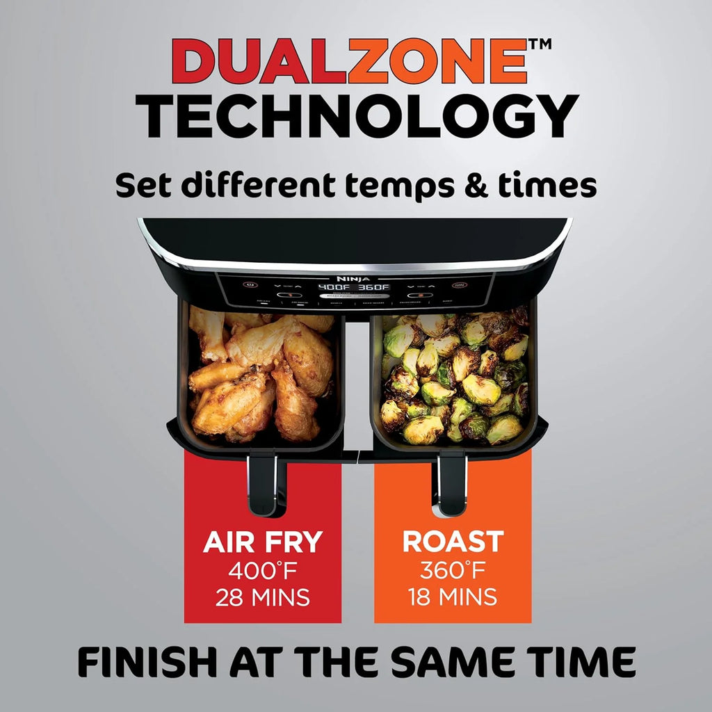 Ninja Foodi 10QT 6-in-1 DualZone Smart XL Air Fryer, 2 Independent 5QT Baskets, Smart Cook Thermometer, Match Cook, Smart Finish, Air Fry, Roast, Bake, Dehydrate, Reheat, Grey, DZ550