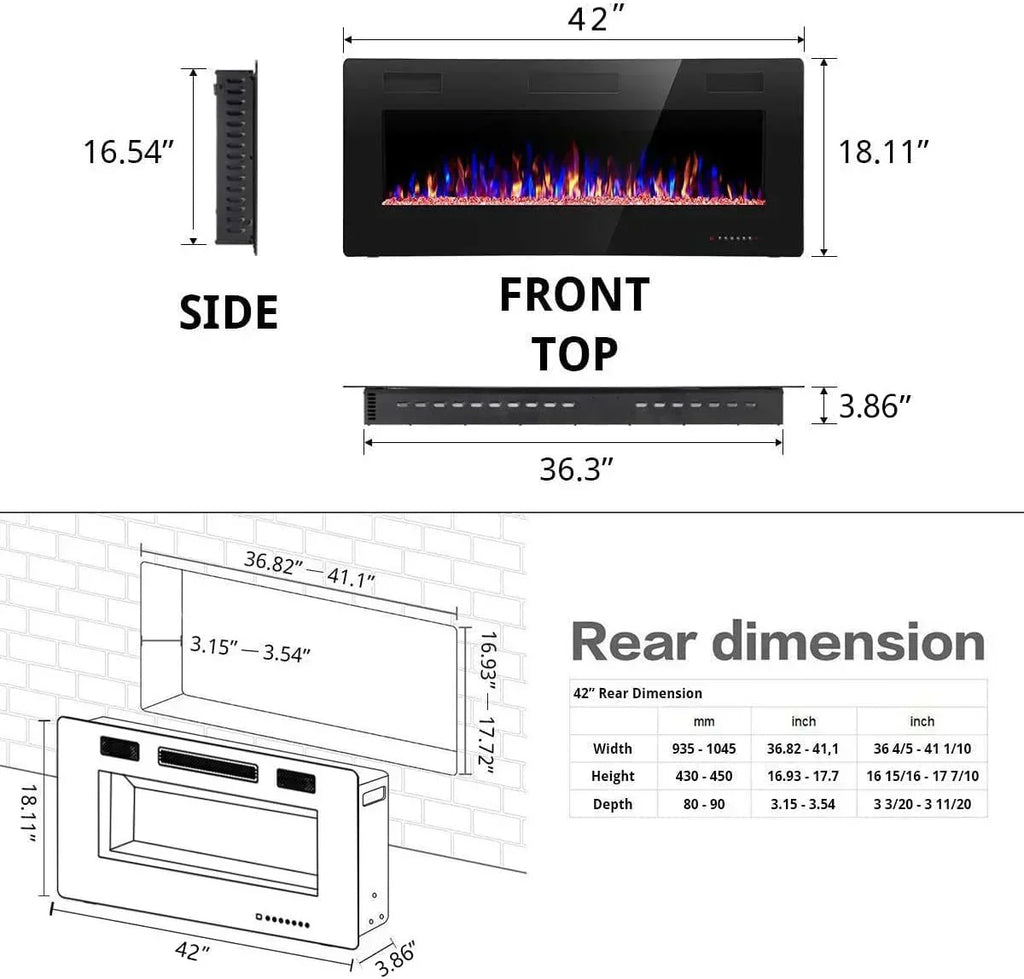 R.W.FLAME 60 Recessed and Wall Mounted Electric Fireplace Low Noise Fit for 2 x 6 Stud