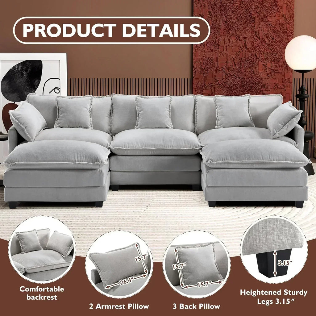 111.4 Inch L Shaped Modern Sofa Modular Cloud Sofa with Ottoman 4 Seater Chenille Deep Seat Sofa