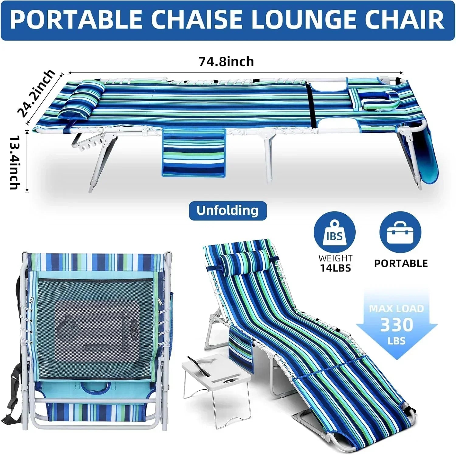 3-in-1 Beach Chair Face Holes Lounge Chair Outdoor with Folding Side Table 5-Position Recliner