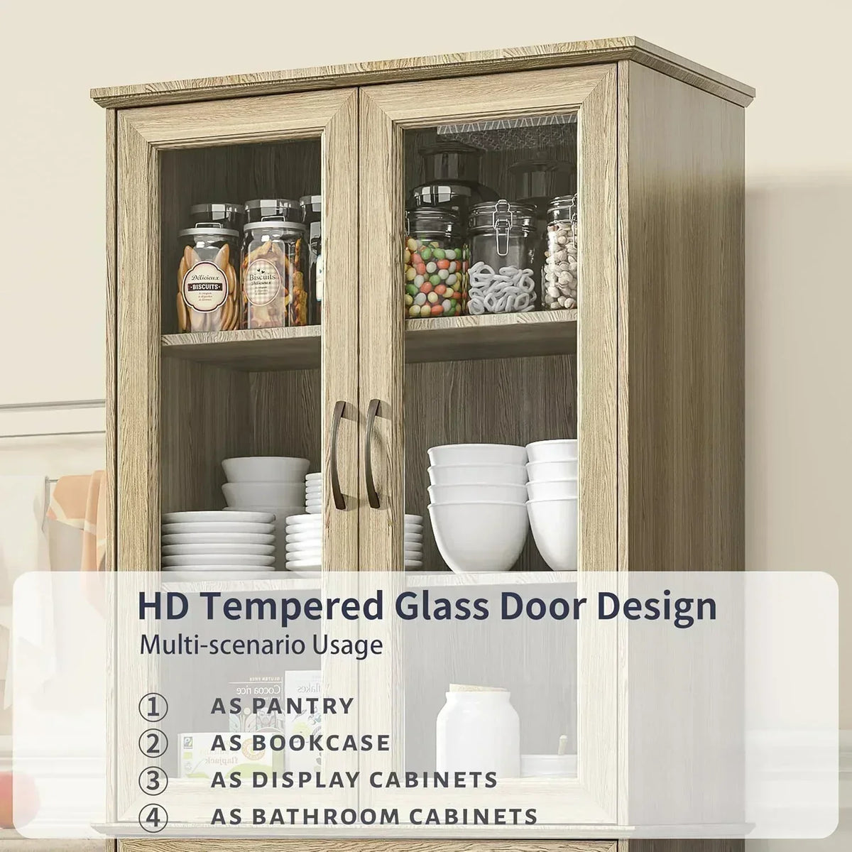 Kitchen Hutch Pantry Cabinet 71 Tall with Glass Doors