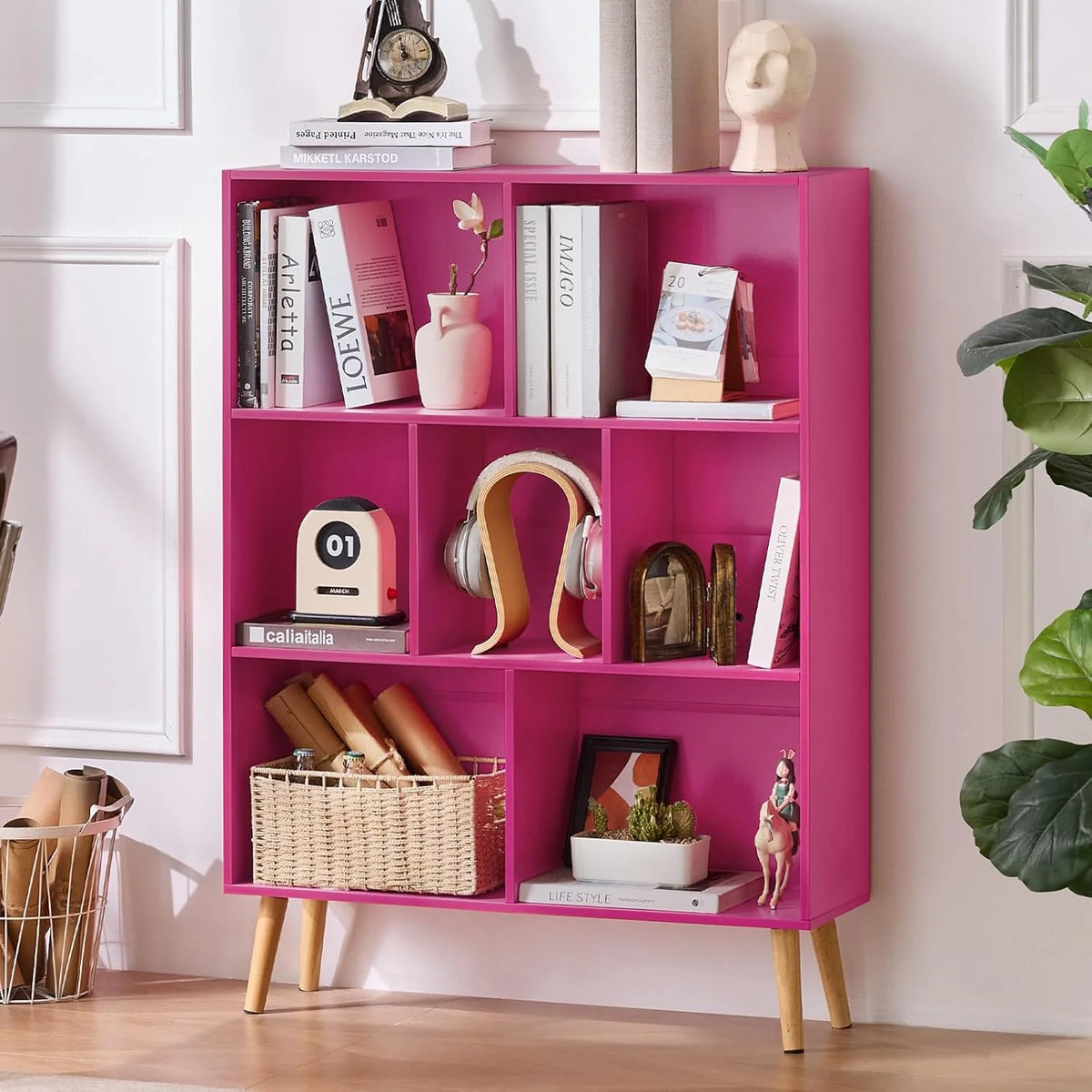 LEYAOYAO Wooden 7 Cube Book Shelf Natural Bookshelf Legs Modern Open Storage Organizer