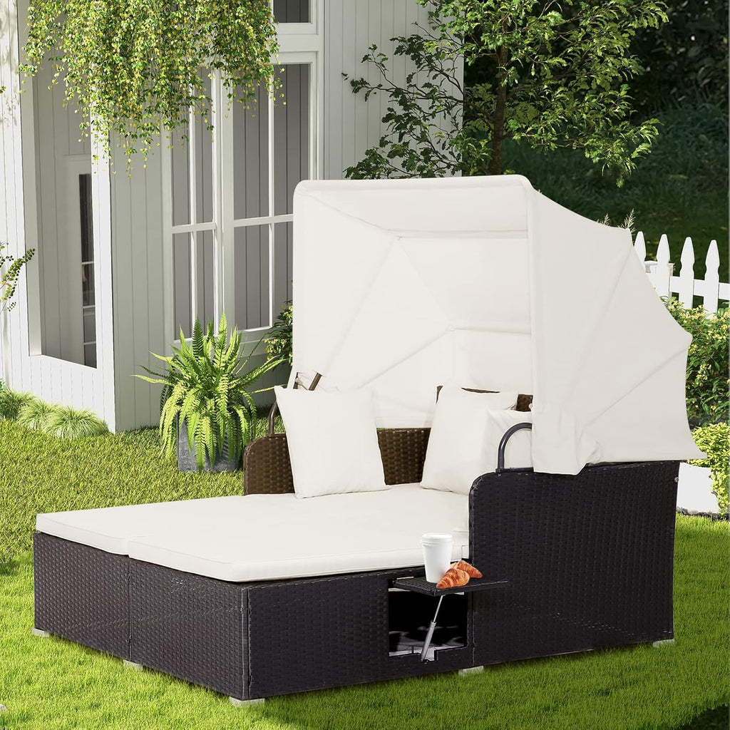 RELAX4LIFE Patio Outdoor Daybed with Canopy Wicker Sunbed Cushions 4 Pillows