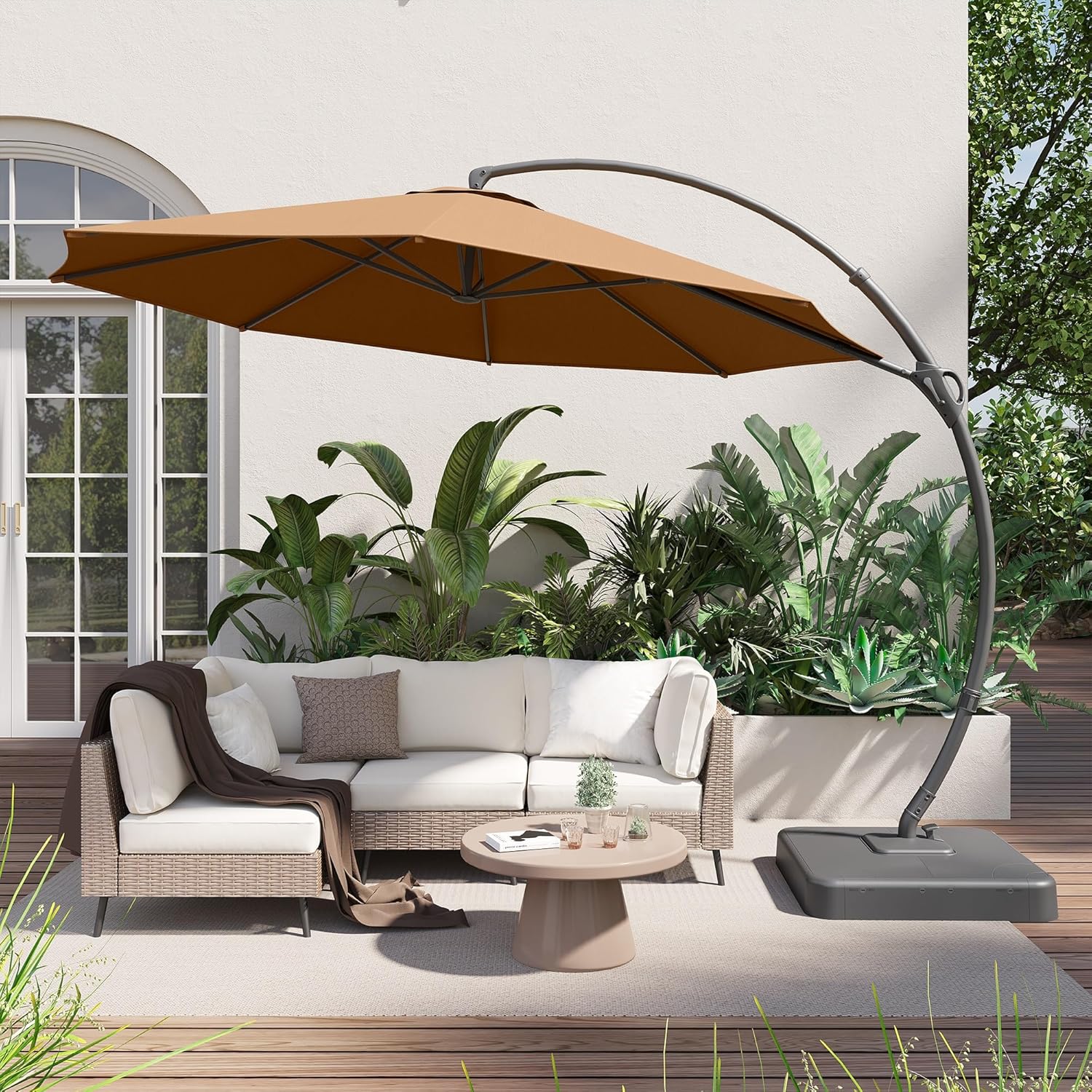 LAUSAINT HOME Outdoor Patio Umbrella with Base included, 11 FT Deluxe Curvy Cantilever Umbrella Heavy Duty Offset Hanging Umbrella with 360° Rotation for Market, Pool, Garden, Backyard, Deck (Beige)