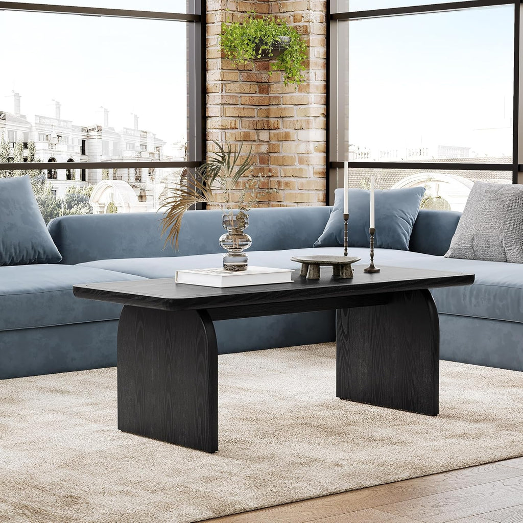 LITTLE TREE Farmhouse Coffee Table, 47 Inch Round Corner Wood Center Table, Rectangular Living Room Table, Modern Low Cocktail Tea Set