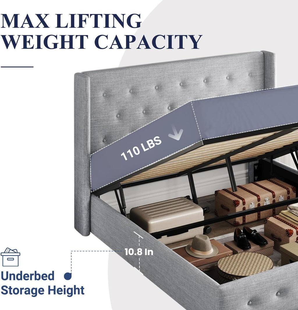 Allewie Queen Size Lift Up Storage Bed Modern Wingback Headboard Hydraulic Support