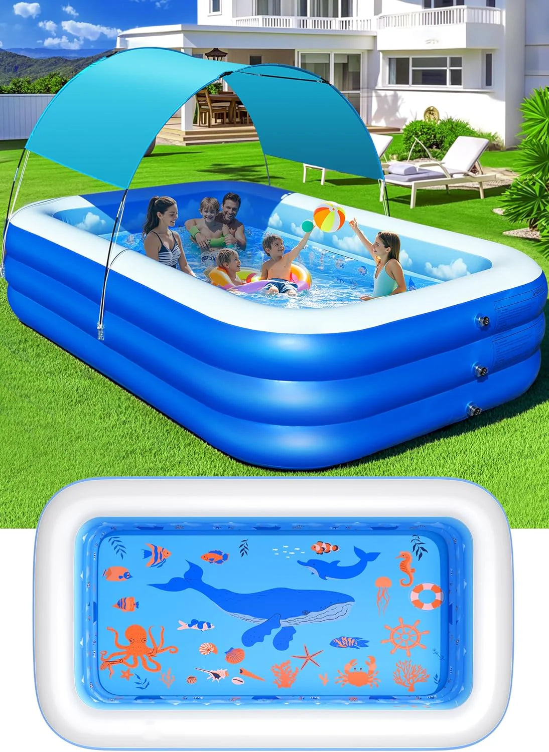 Inflatable Pool with Canopy,Upgraded Inflatable Swimming Pool for Kids,Adult,Large Inflatable Blow up Pools,Ocean Theme Oversized Thickened 105x75x25Inflatable Family Pools for Backyard-Blue