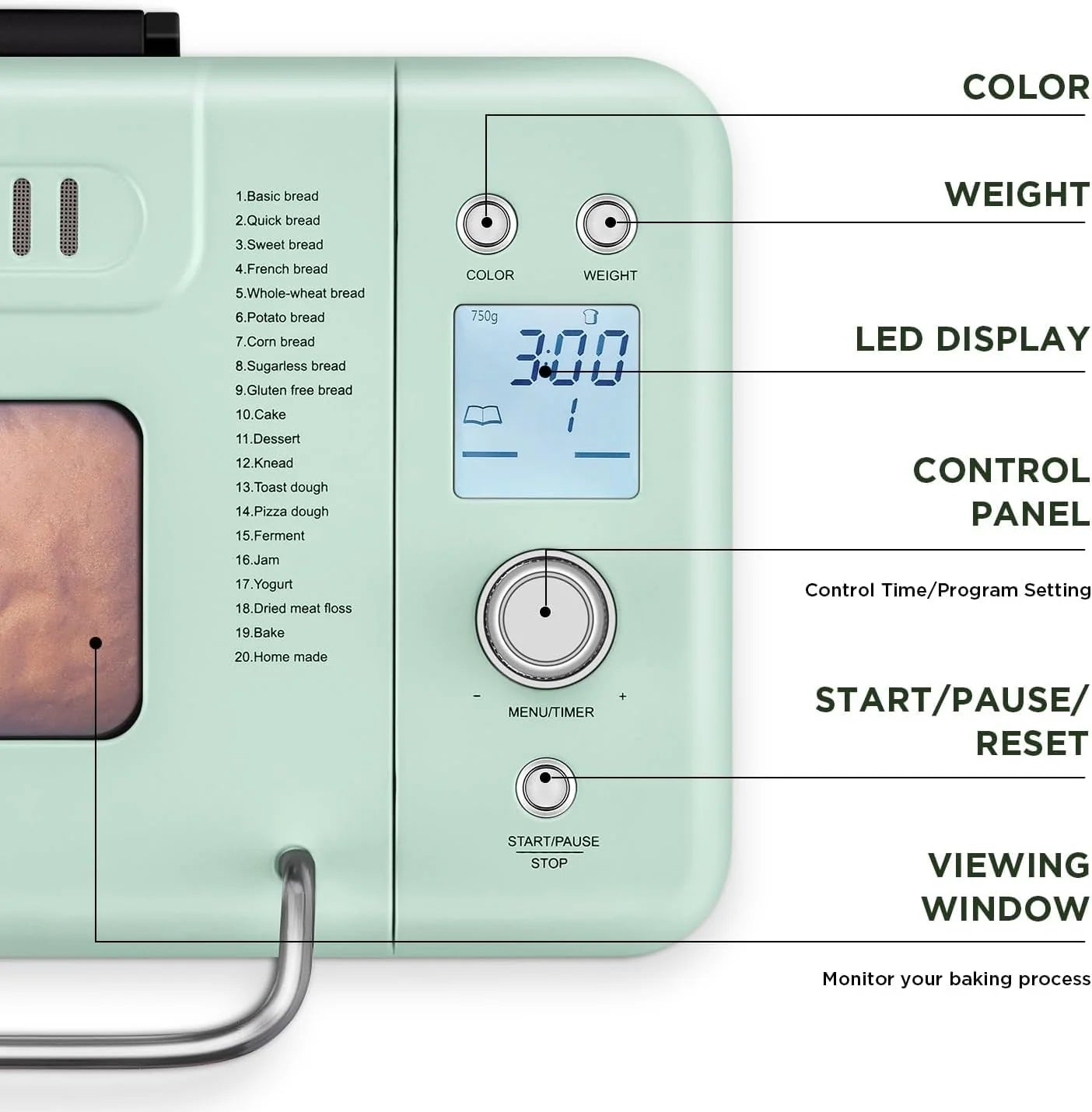 Neretva Bread Maker, 20-IN-1 2LB Bread Machine Dual Heater Bread Maker Machine Automatic with Nonstick Ceramic Pan, 15H Timer & 1H Keep Warm Set, Low Noise, Stainless Steel Breadmaker Recipe-Green