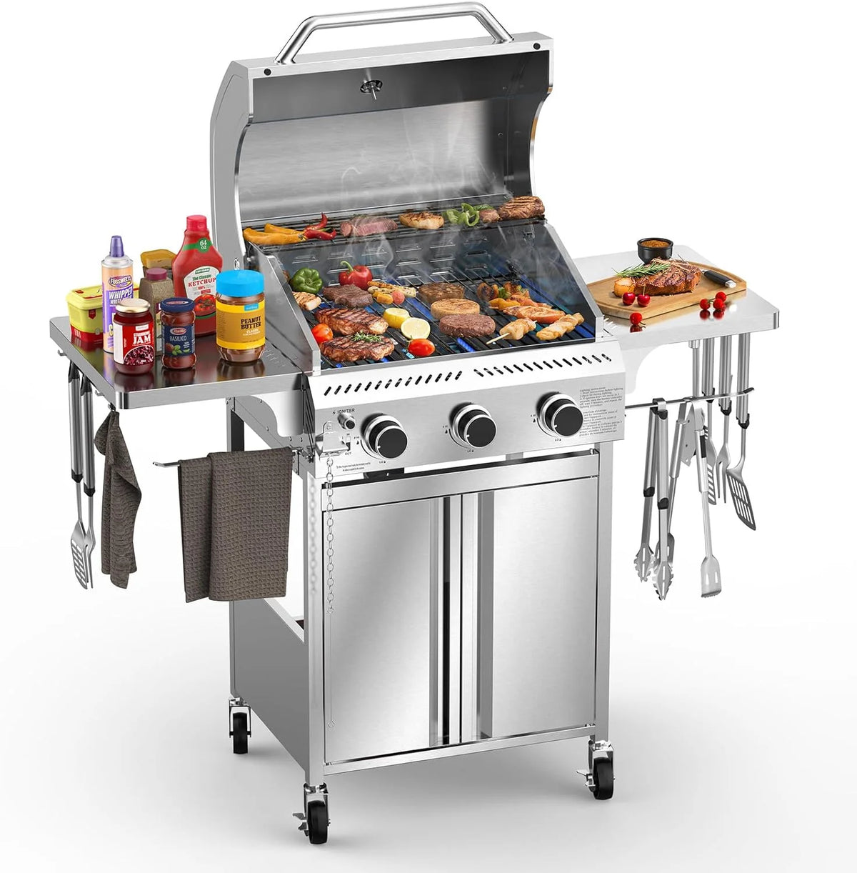 Propane Gas BBQ Grill 2-Burner Barbecue Grills with Cast Iron Frying Pan and Grates Combo