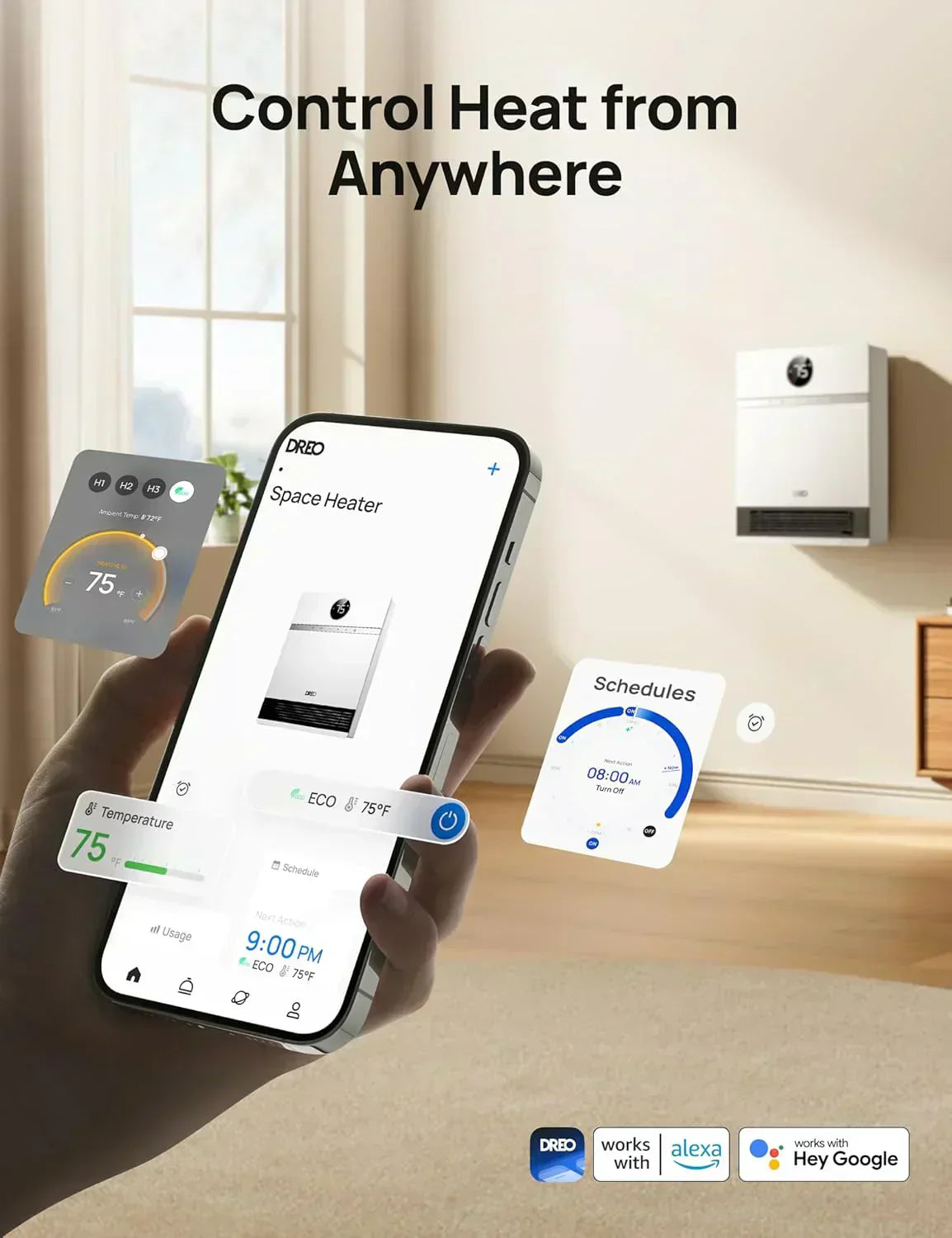 Smart wall-mounted heater for indoor use with adjustable thermostat and remote control