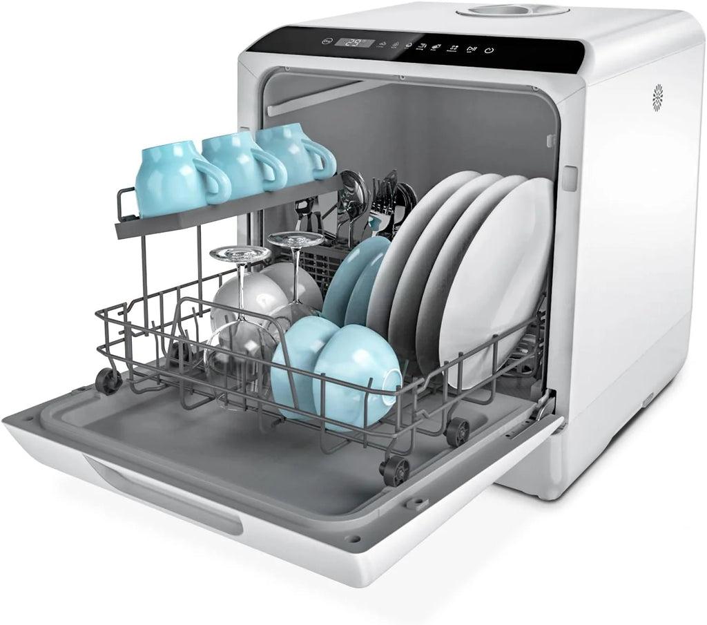 Hermitlux Countertop Dishwasher, 7 Washing Programs Portable Mini Dishwasher with 5-Liter Built-in Water Tank for Apartments & RVs, LED Light, Glass Door, No Hookup Needed