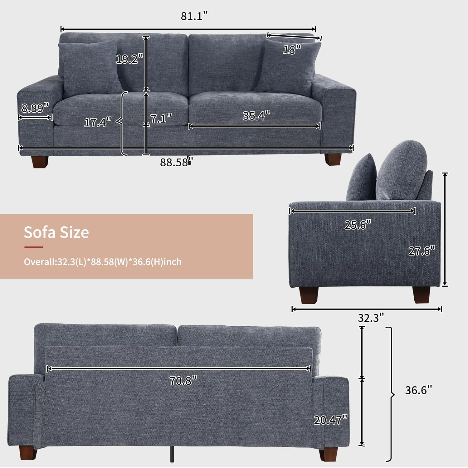 DOPEDIO living room double sofa chenille lounge chair removable solid wood frame