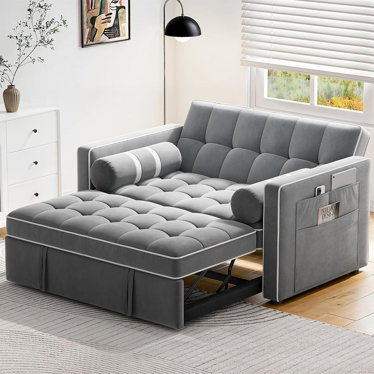 Pipishell 3 in 1 Convertible Sleeper Sofa Bed Pull Out Couch for Living Room USB Ports Side Pockets