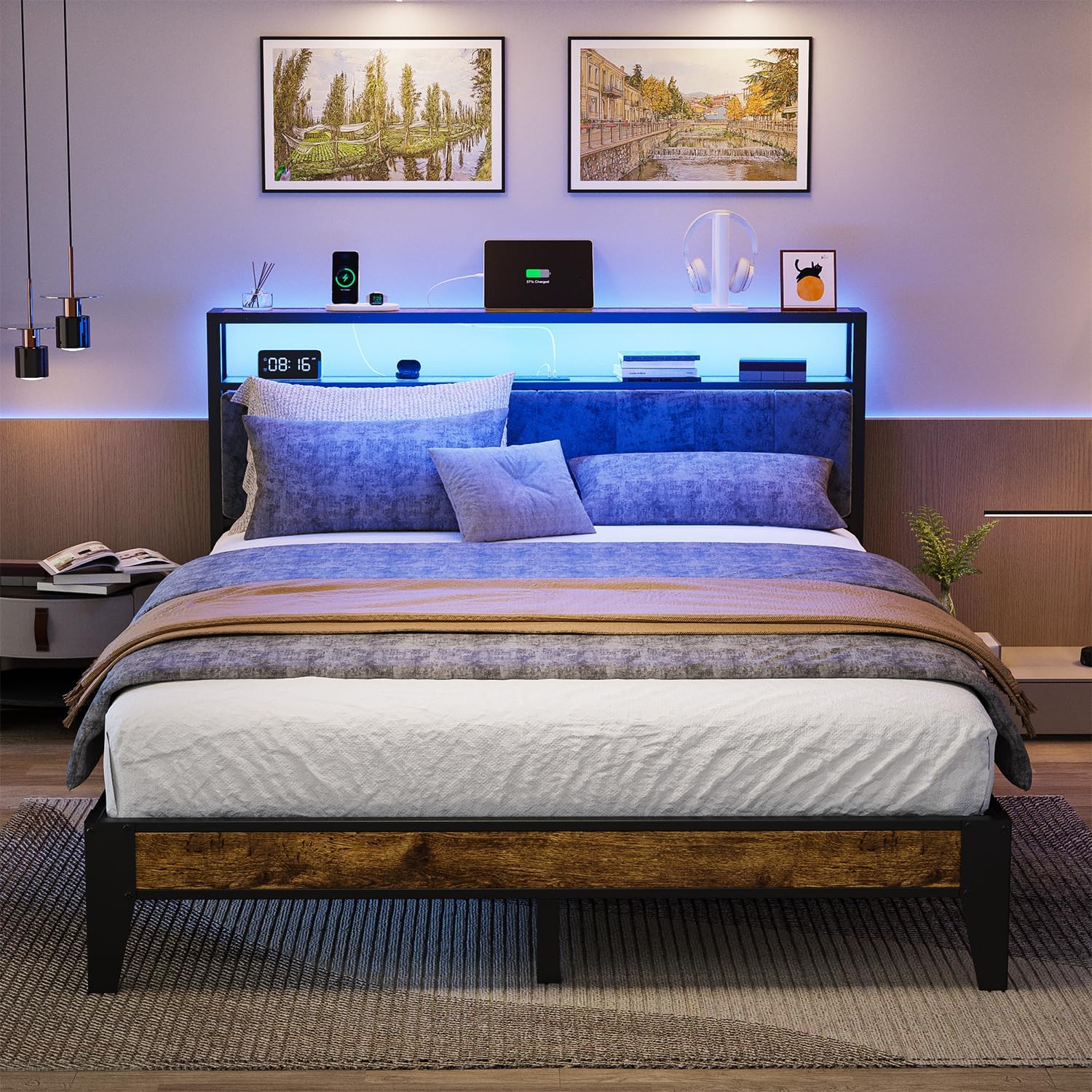 OLEVS Single Bed Frame LED Light Storage Headboard Type C Charging Station Metal Platform Bed
