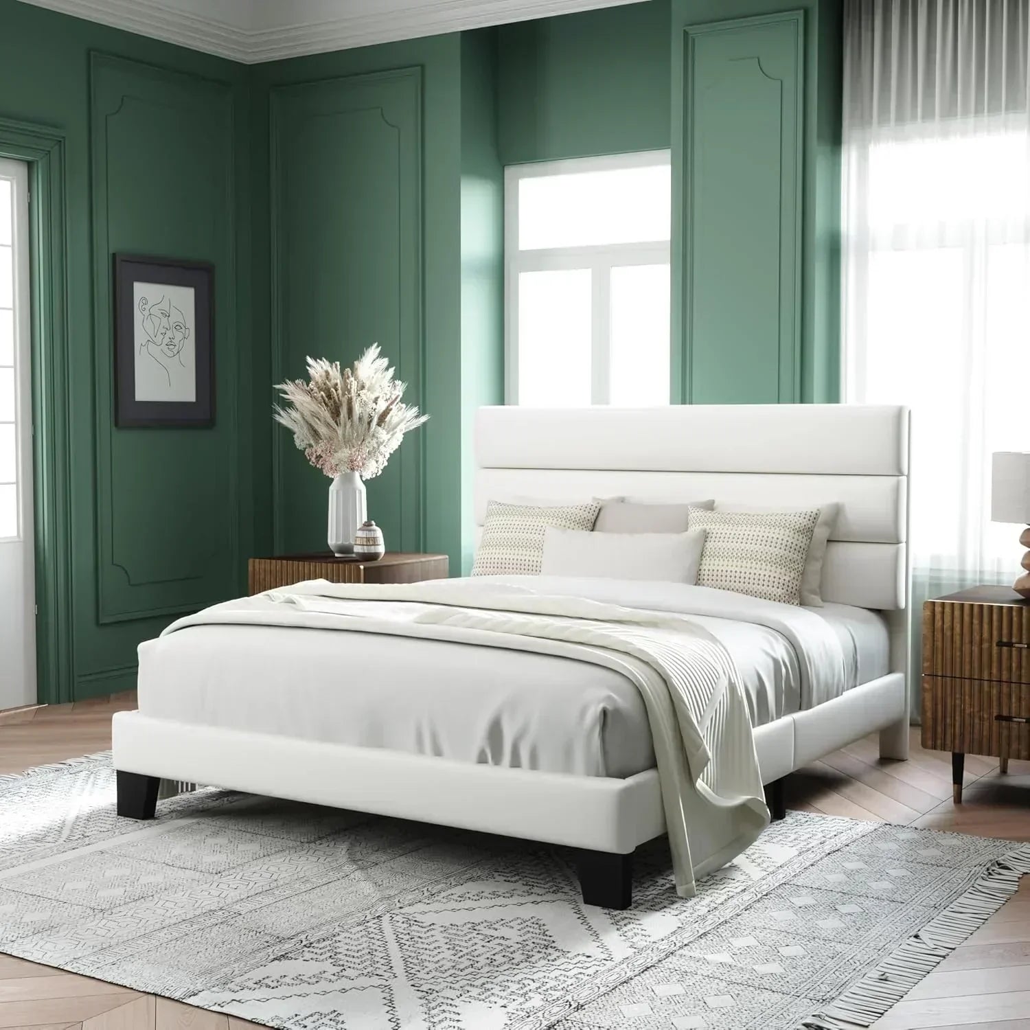 Allewie King size platform bed frame with velvet upholstered headboard and planks