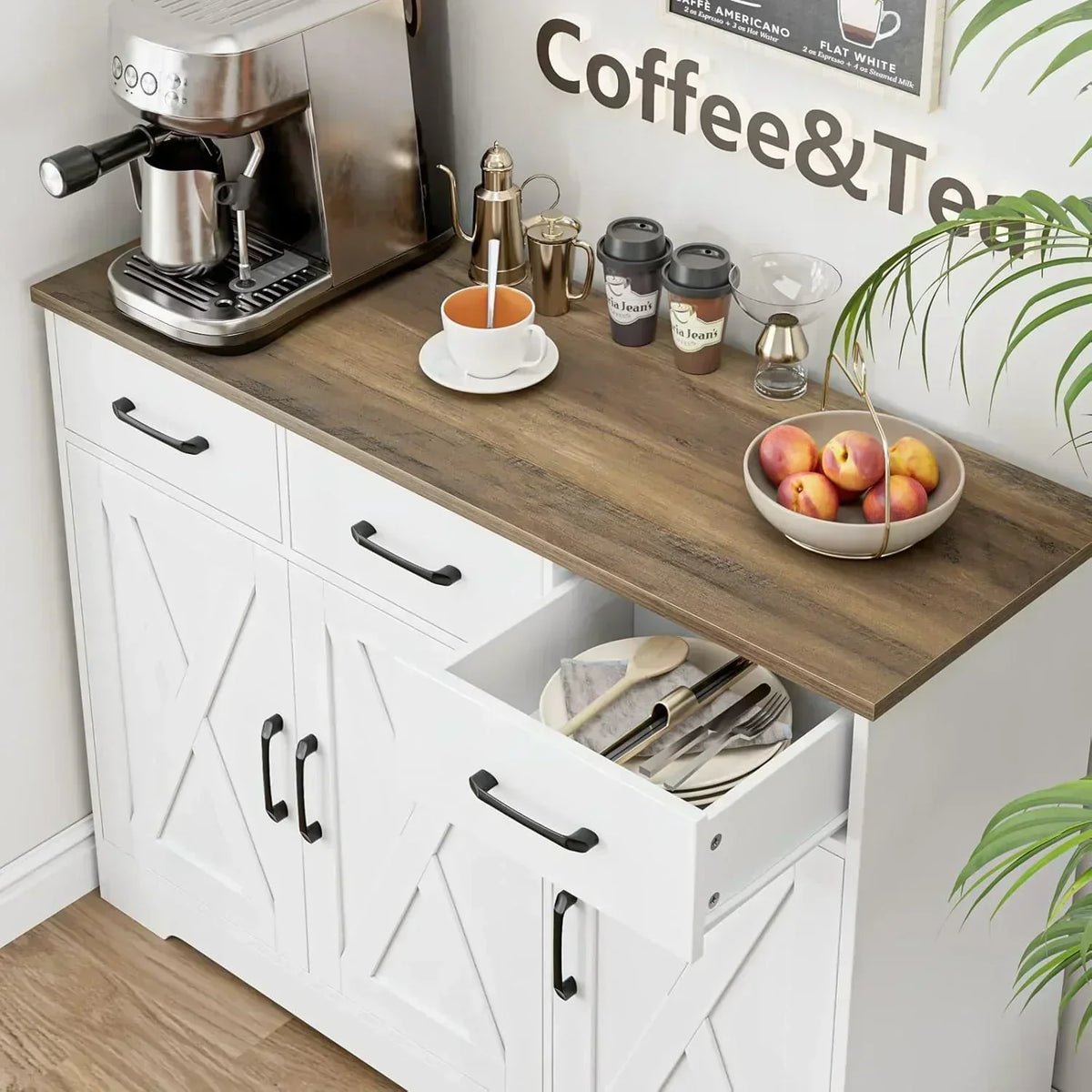 Modern farmhouse sideboard barn door buffet storage cabinet with drawers and shelves