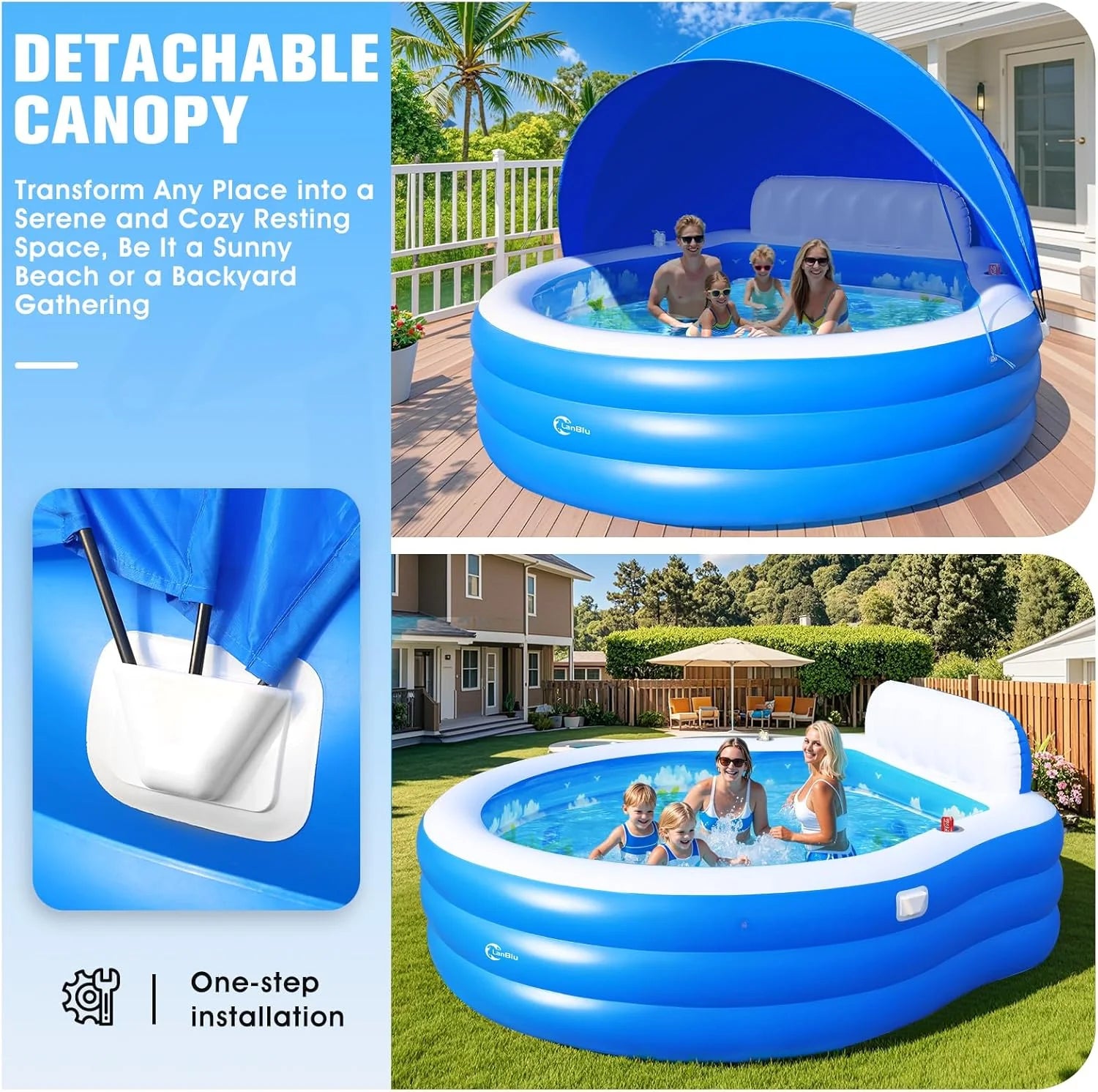 2025 Upgraded Inflatable Pool with Canopy, Inflatable Family Lounge Pool, Round Blow Up Pool for Adult with Bench & Backrest, Swim Center Easy Backyard Pools for Kids & Adults, 92x92x26, Blue
