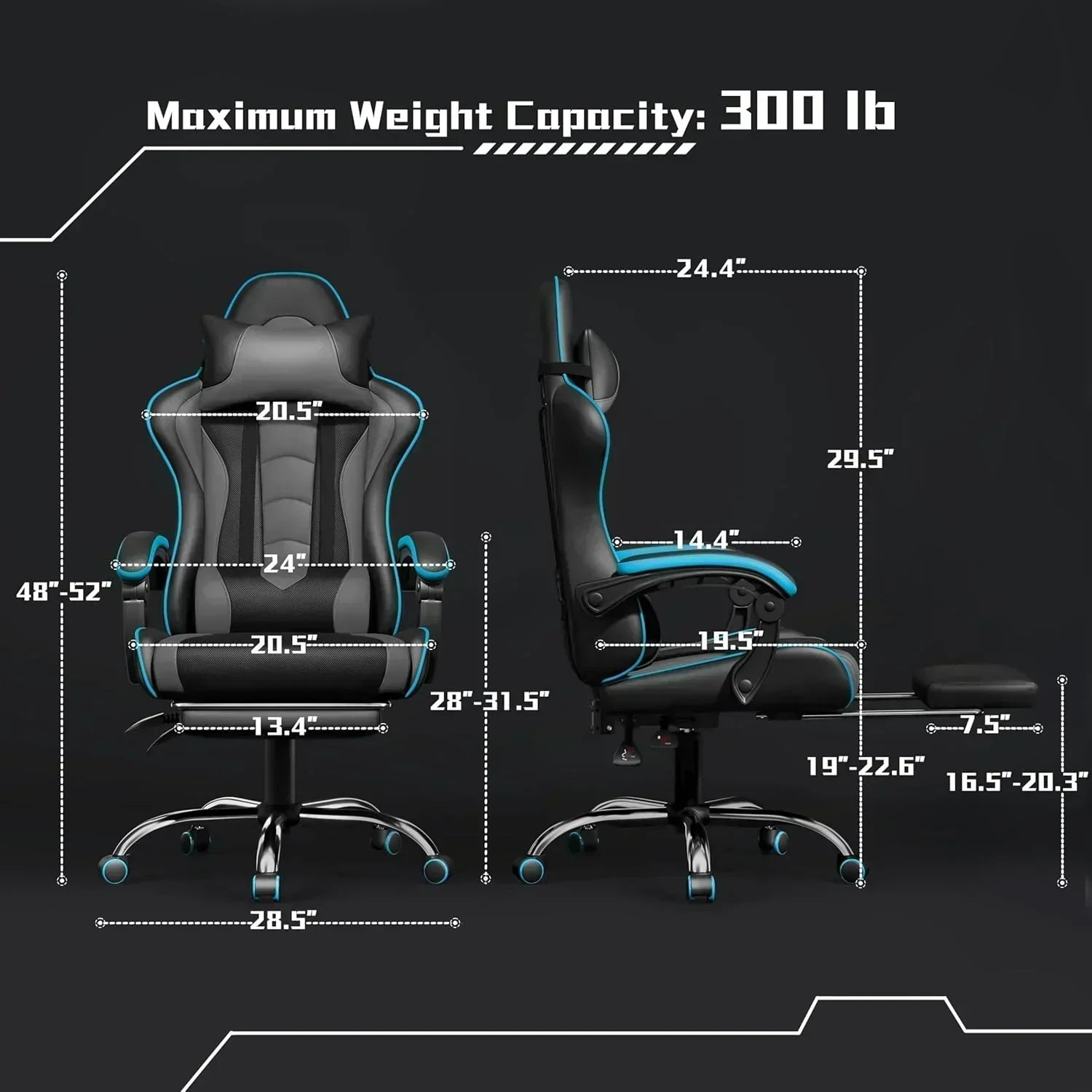 Gaming Chair with Massage Lumbar Support and Footrest Height Office Gaming Chair