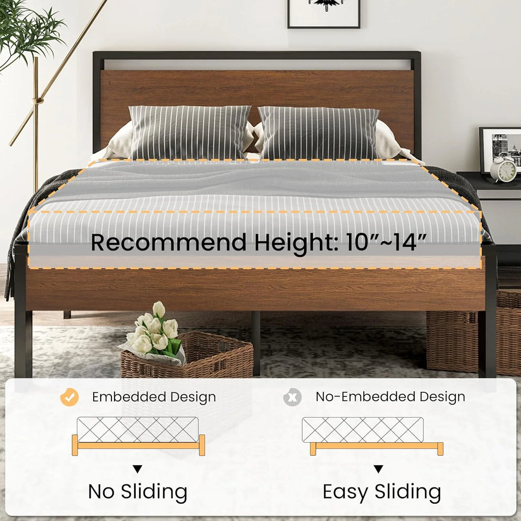 SHA CERLIN 14 Inch Queen Size Metal Platform Bed Frame with Wooden Headboard and Footboard