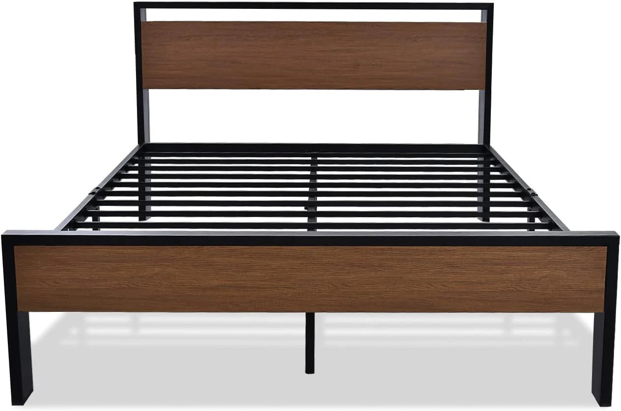 SHA CERLIN 14 Inch Full Size Metal Platform Bed Frame with Wooden Headboard and Footboard