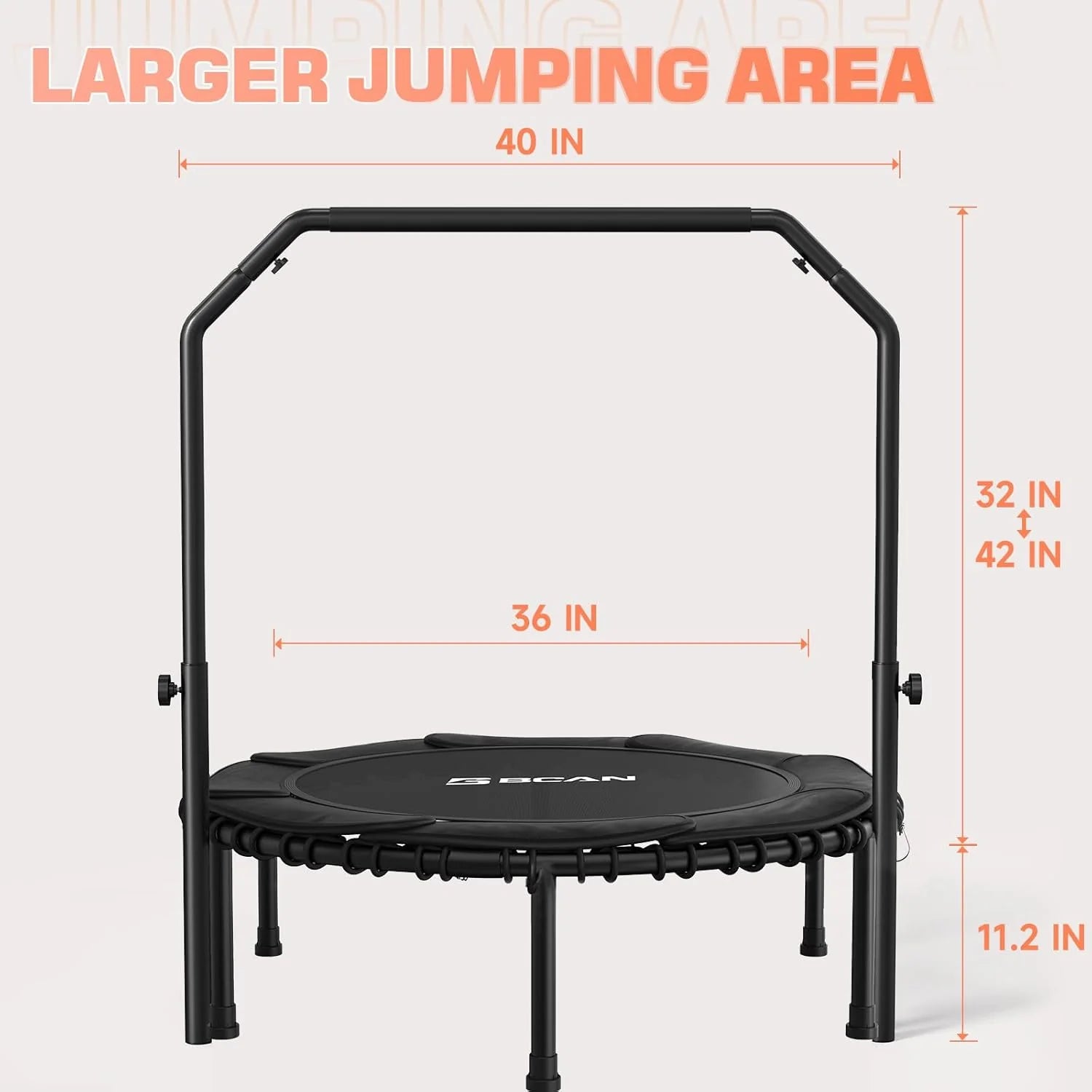 BCAN 450/550 LBS Foldable Mini Trampoline, 40/48 Fitness Trampoline with Bungees, U Shape Adjustable Foam Handle, Stable & Quiet Exercise Rebounder for Adults Indoor/Outdoor Workout