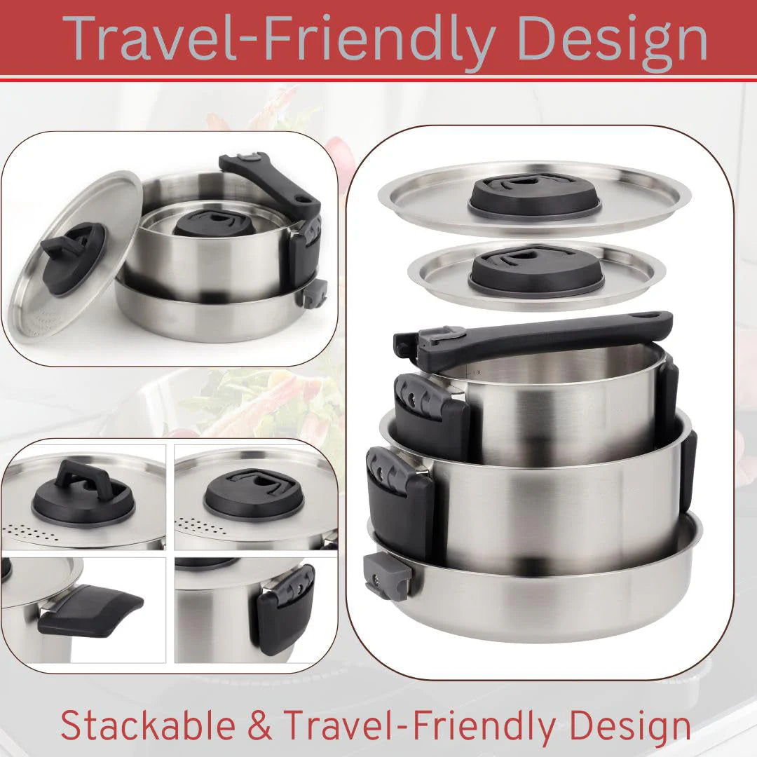 6 Piece Stainless Steel Nesting Camping Cookware Set with Detachable Handle Frying Pan