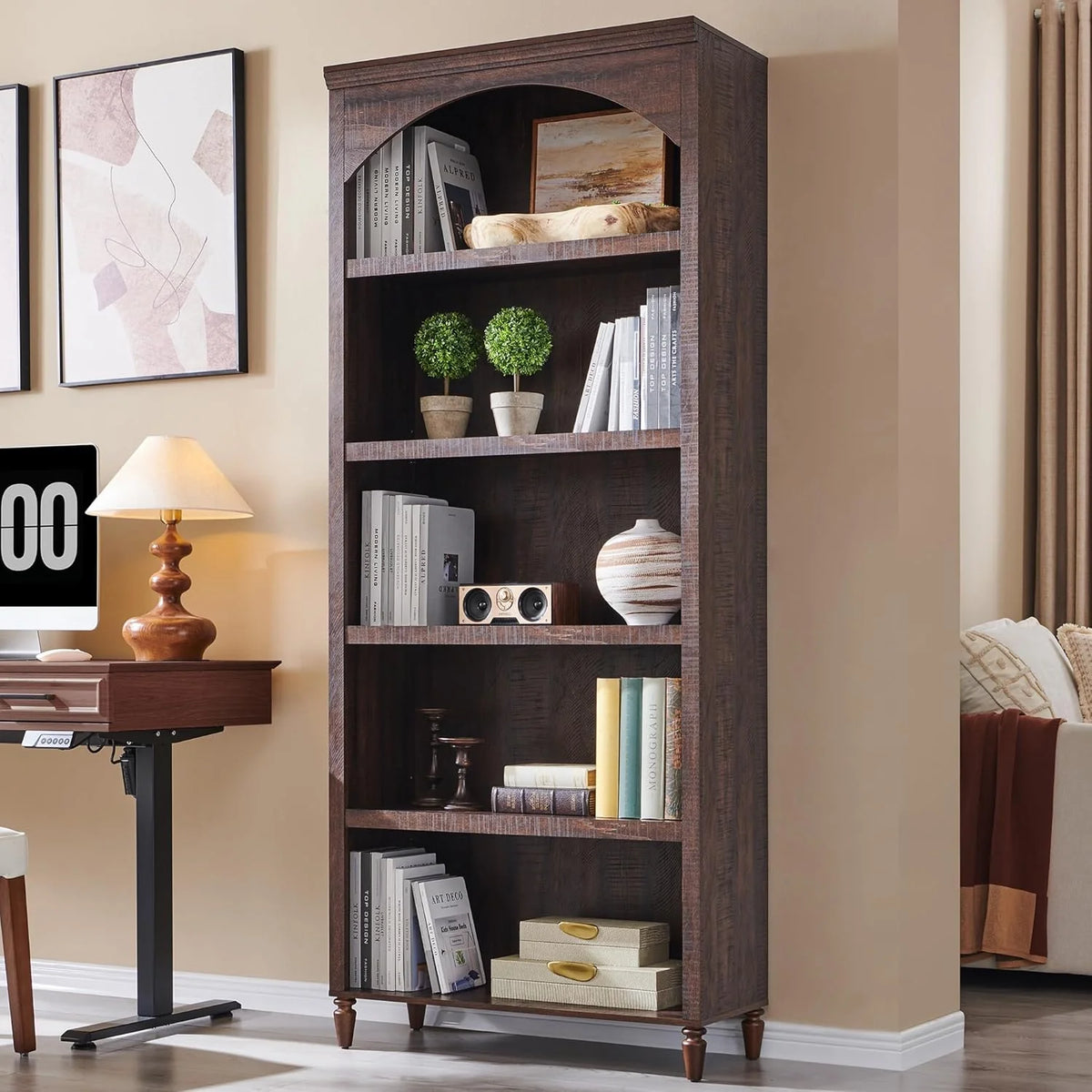 IFGET 76 Tall Arched Bookcase Farmhouse 5 Tiers Large Arched Bookshelf Cabinet Adjustable Shelves