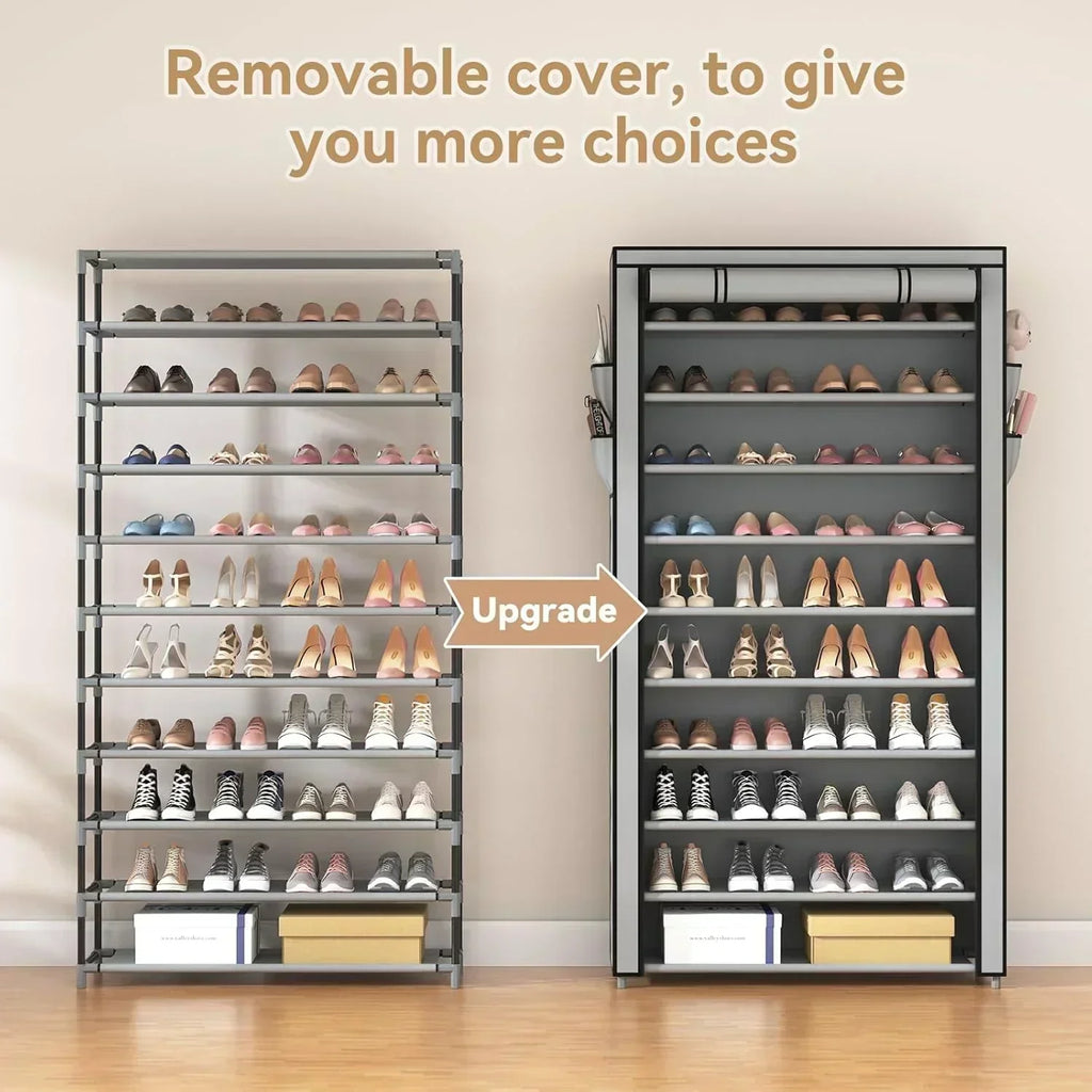 ROJASOP 10 Tier Shoe Rack with Covers Large Capacity Stackable Tall Shoe Shelf Storage