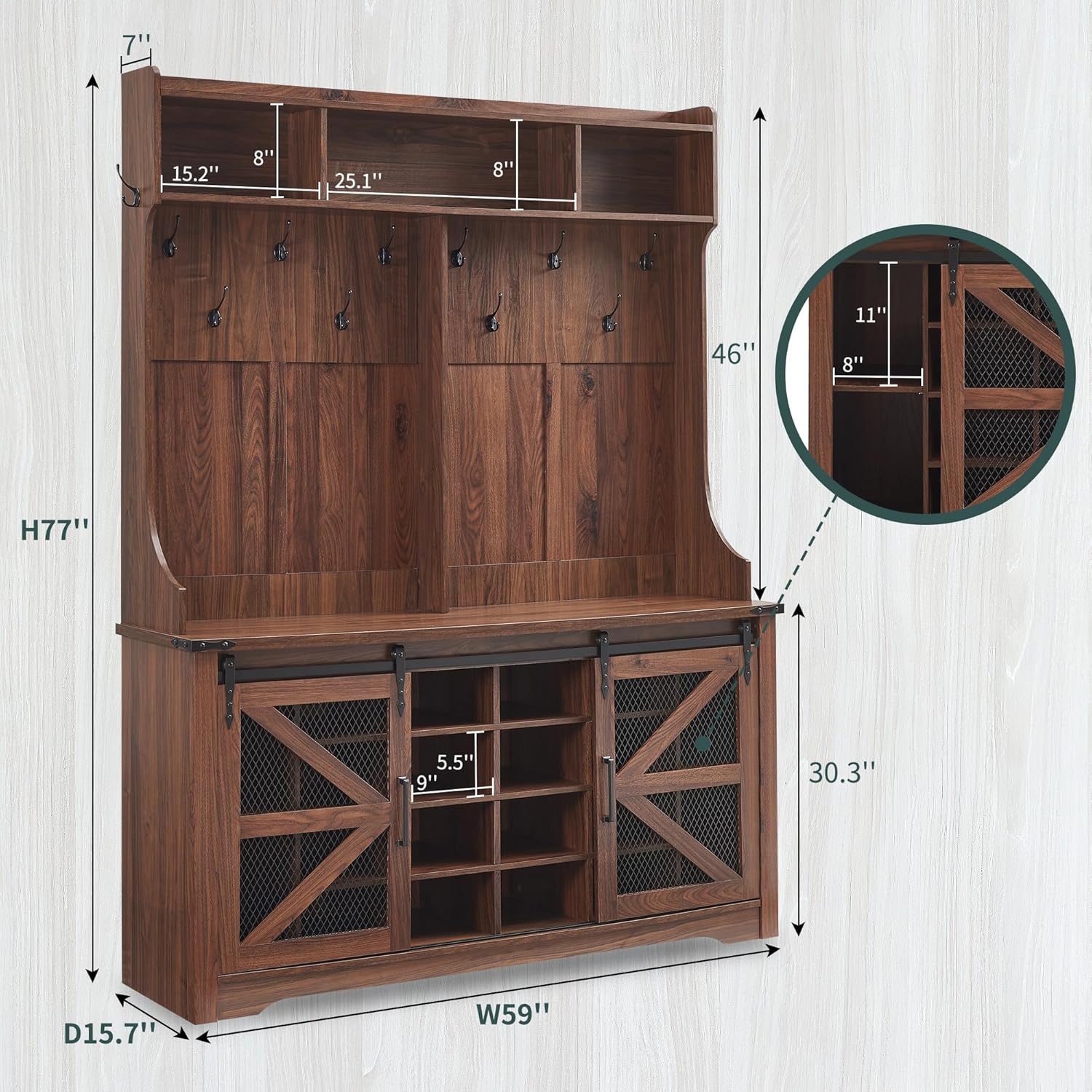 JXQTLINGMU 59-inch Farmhouse Foyer Tree Shoe Storage Entryway Bench Foyer Coat Rack Cabinet