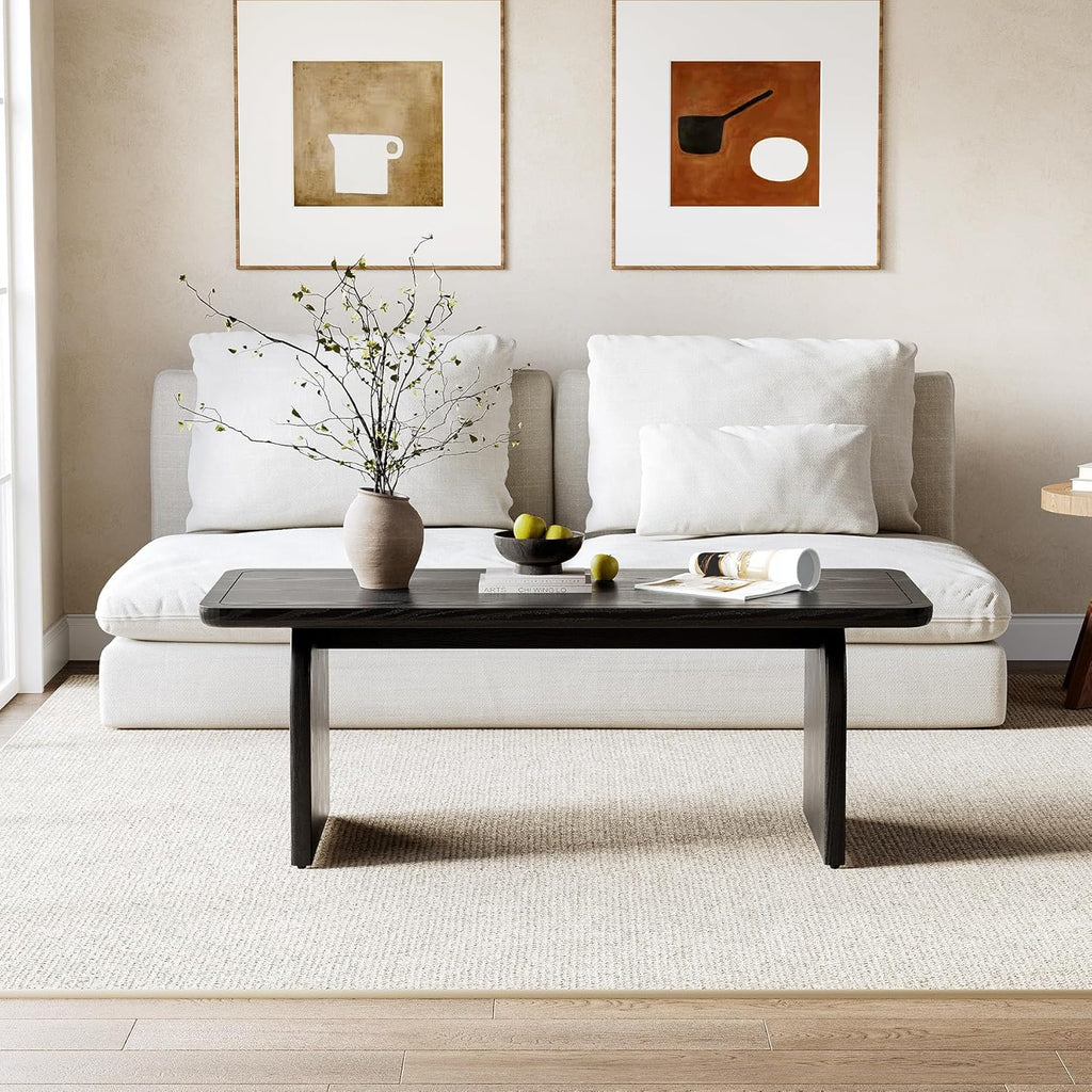 LITTLE TREE Farmhouse Coffee Table 47 Inch Round Corner Wood Center Table Rectangular