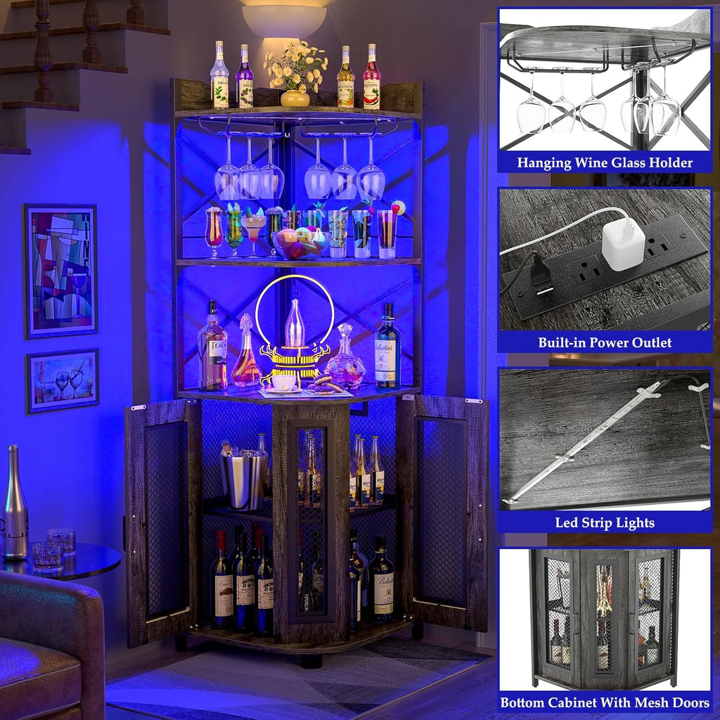 Corner bar cabinet with power socket industrial style wine cabinet light strip and glass rack