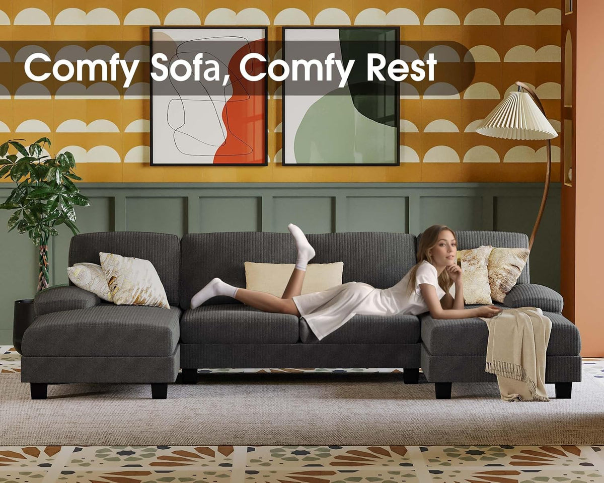 Furmax Sectional Couches for Living Room U-Shaped Sofa Couch Linen Fabric 4 Seat Sofa Set