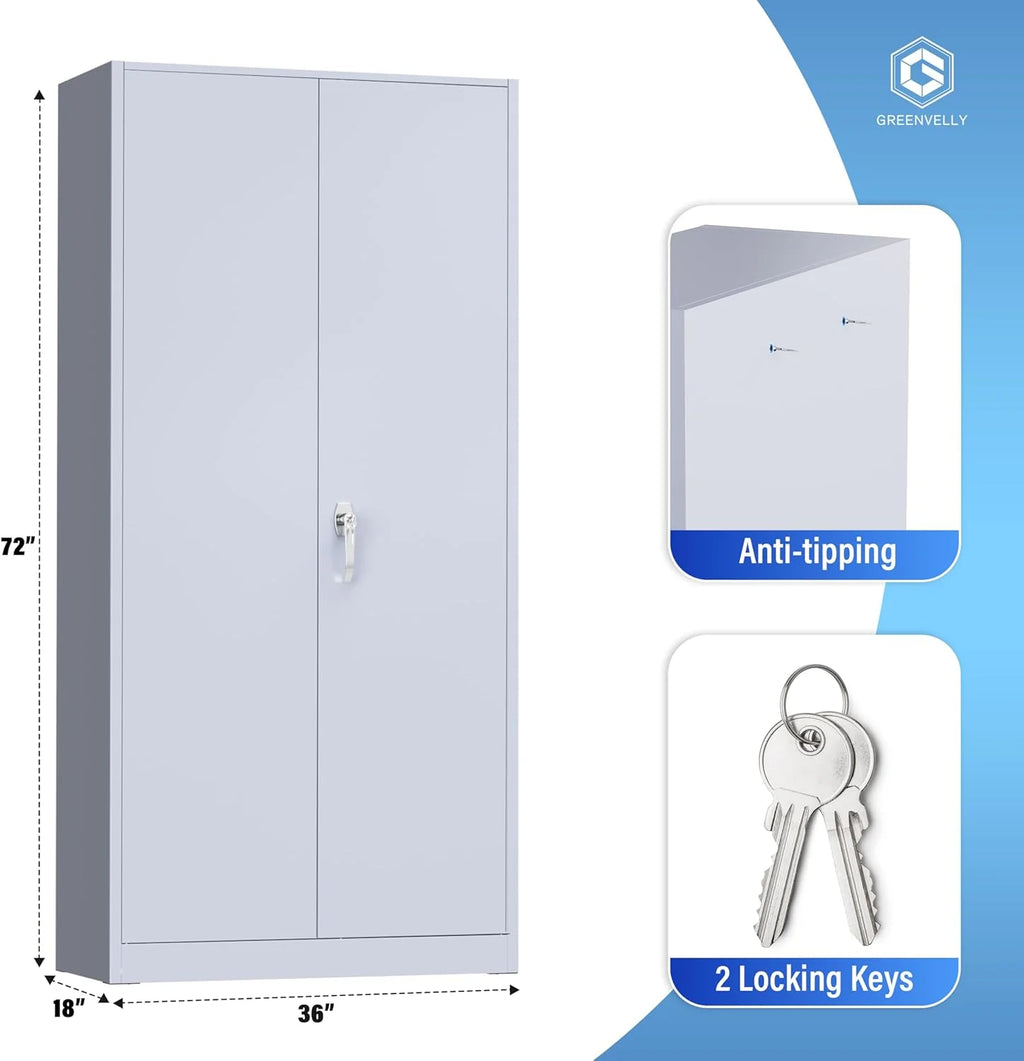 Greenvelly Metal Storage Cabinet, 72 Black Locking Metal Cabinet with 2 Doors and 4 Adjustable Shelves, Lockable Garage Storage Cabinets for Home Office, Garage, Kitchen, Living Room