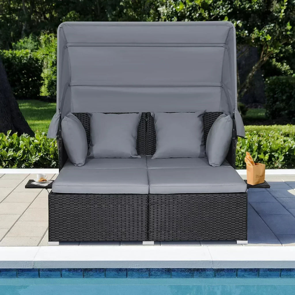 RELAX4LIFE Patio Outdoor Daybed with Canopy Wicker Sunbed Cushions 4 Pillows