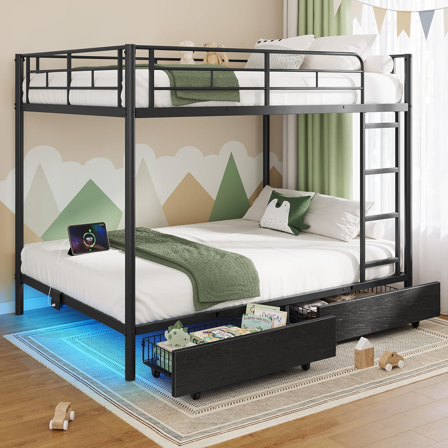 Rolanstar Metal Bunk Bed Twin Over Twin USB Charging Station LED Bunk Bed 2 Storage Drawers