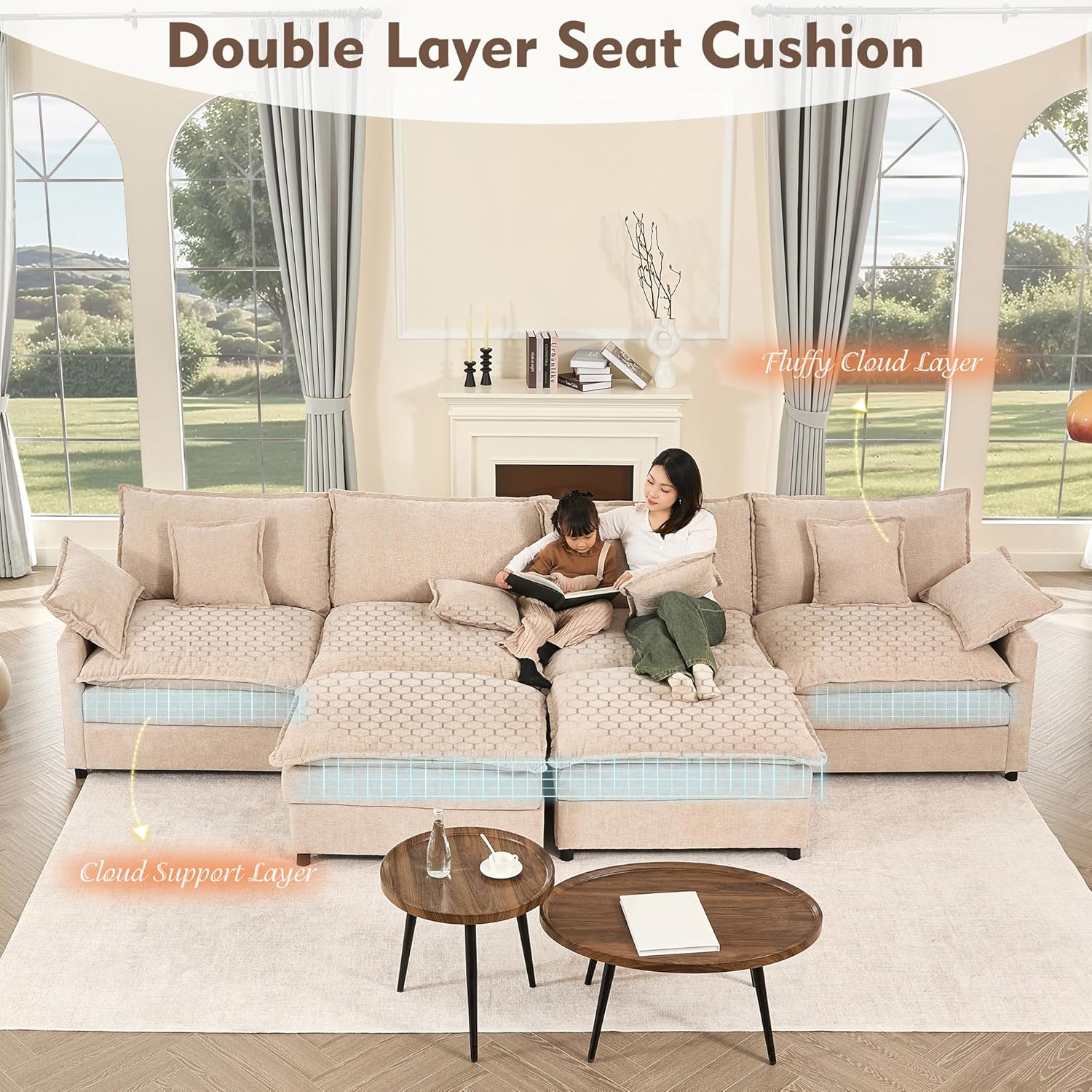 108 Inch U Shape Sofa Sectional Sofa Comfortable Cloud Sofa with Removable Footstool
