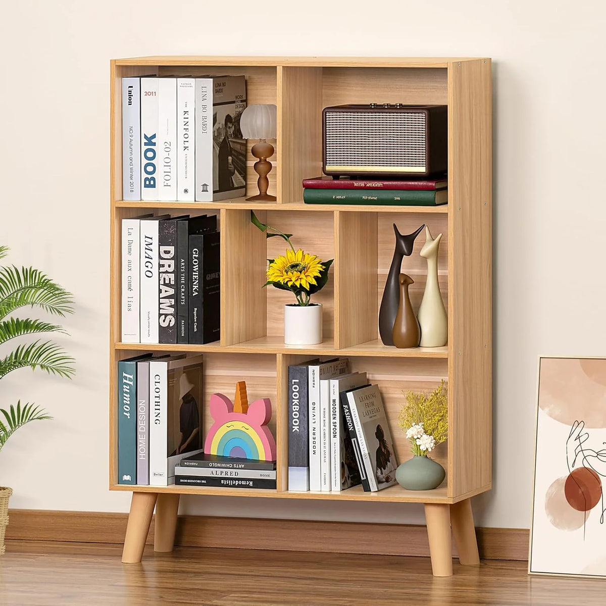 LEYAOYAO Wooden 7 Cube Book Shelf Natural Bookshelf Legs Modern Open Storage Organizer