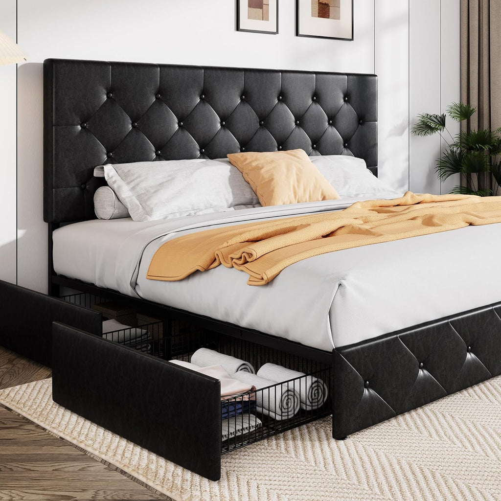 Allewie Upholstered Queen Size Platform Bed Frame with 4 Storage Drawers and Headboard
