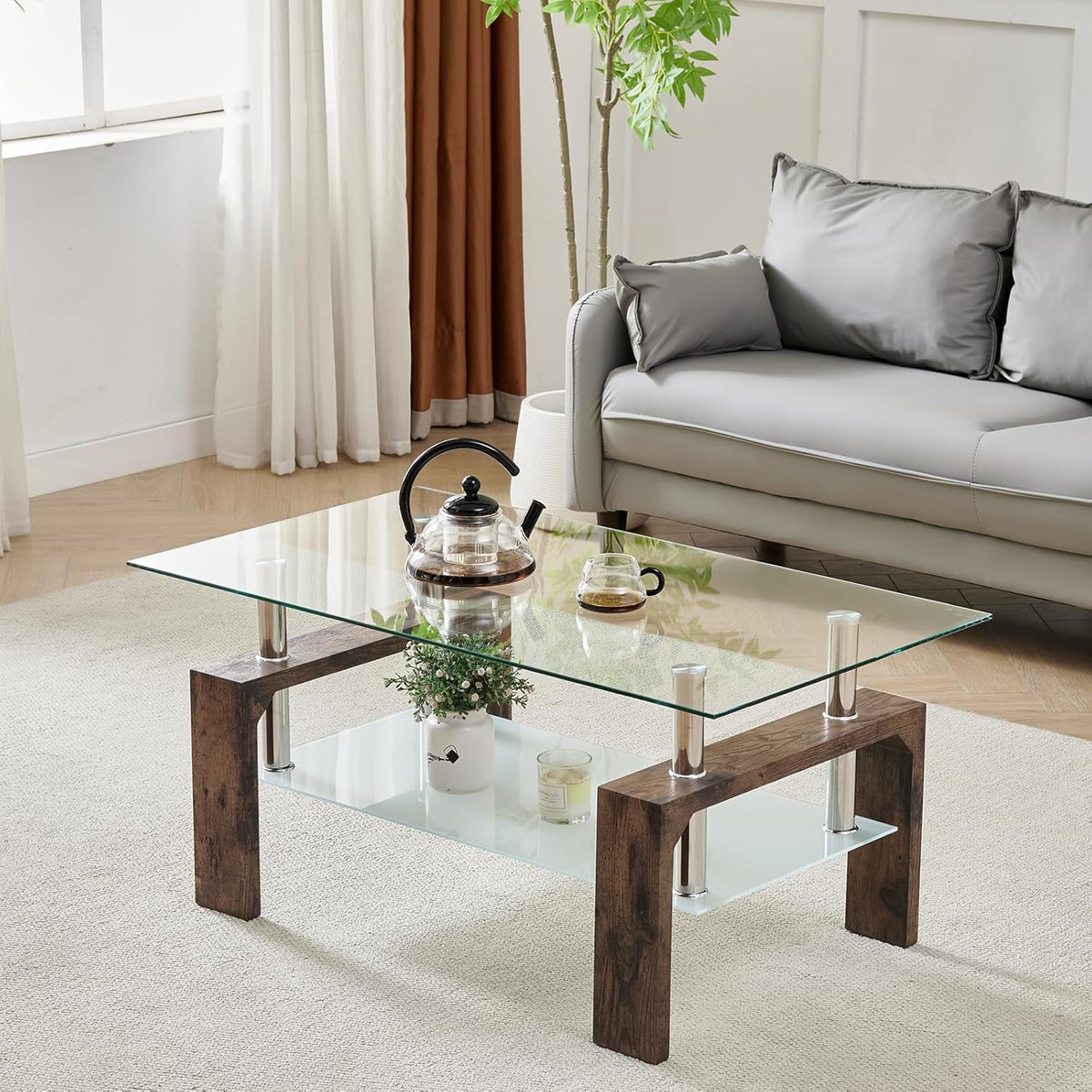 Living Room Rectangle Coffee Table, Tea Table Suitable for Waiting Room, Modern Side Coffee Table with Wooden Leg, Glass Tabletop