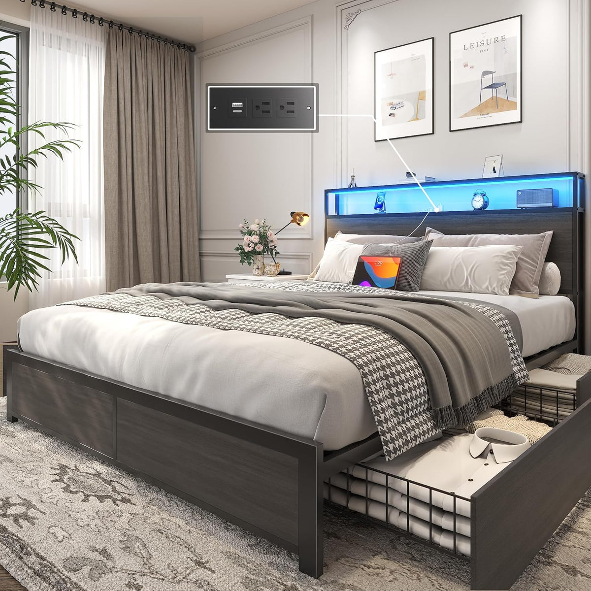 Lifezone Queen Bed Frame 2-Tier Storage Headboard Metal Platform Bed Frame 4 Storage Drawers