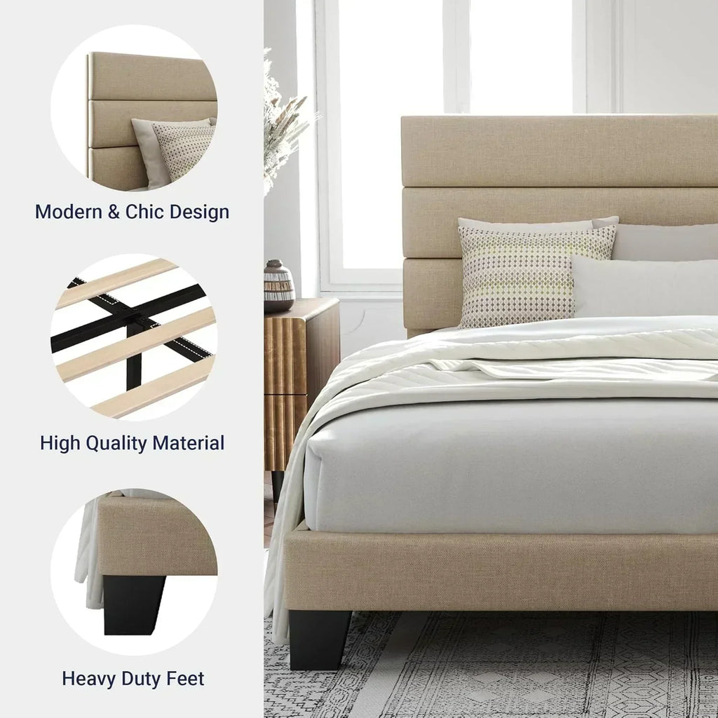 Allewie King size platform bed frame with velvet upholstered headboard and planks