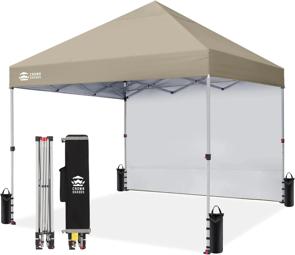 CROWN SHADES 10x10 Pop Up Canopy with 1 Side Wall - Beach Tent with One Push Setup - Outdoor Sun Shade for Events, Parties, Camping - Gazebo with STO-N-Go Cover Bag (White)