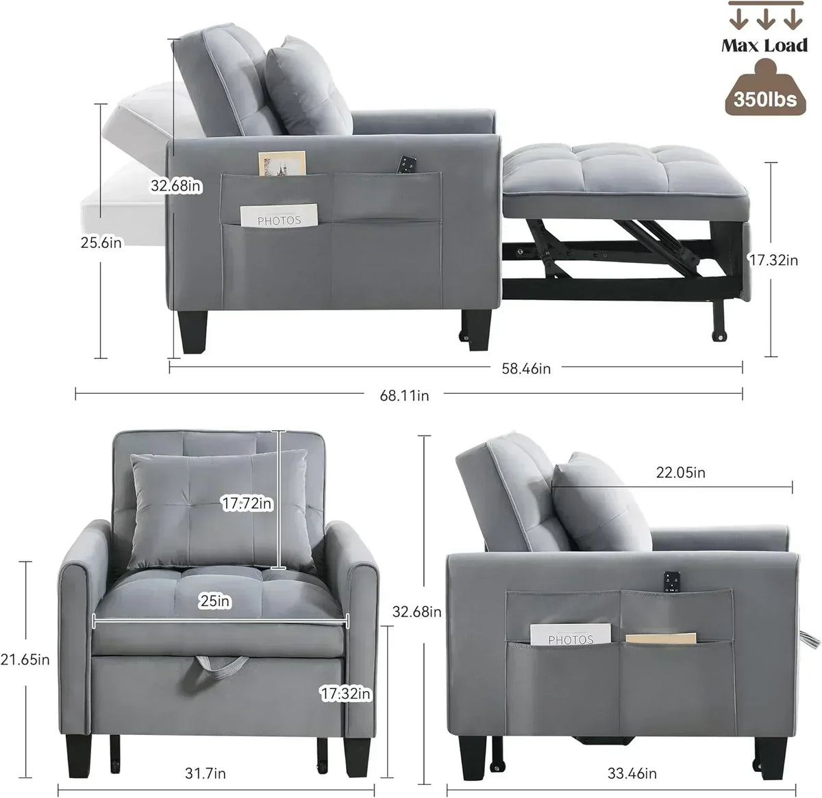 Convertible Sleeper Chair 3 in 1 Sleeper Chair Bed Pull Out Sofa Bed Chairs Velvet Single Sofa