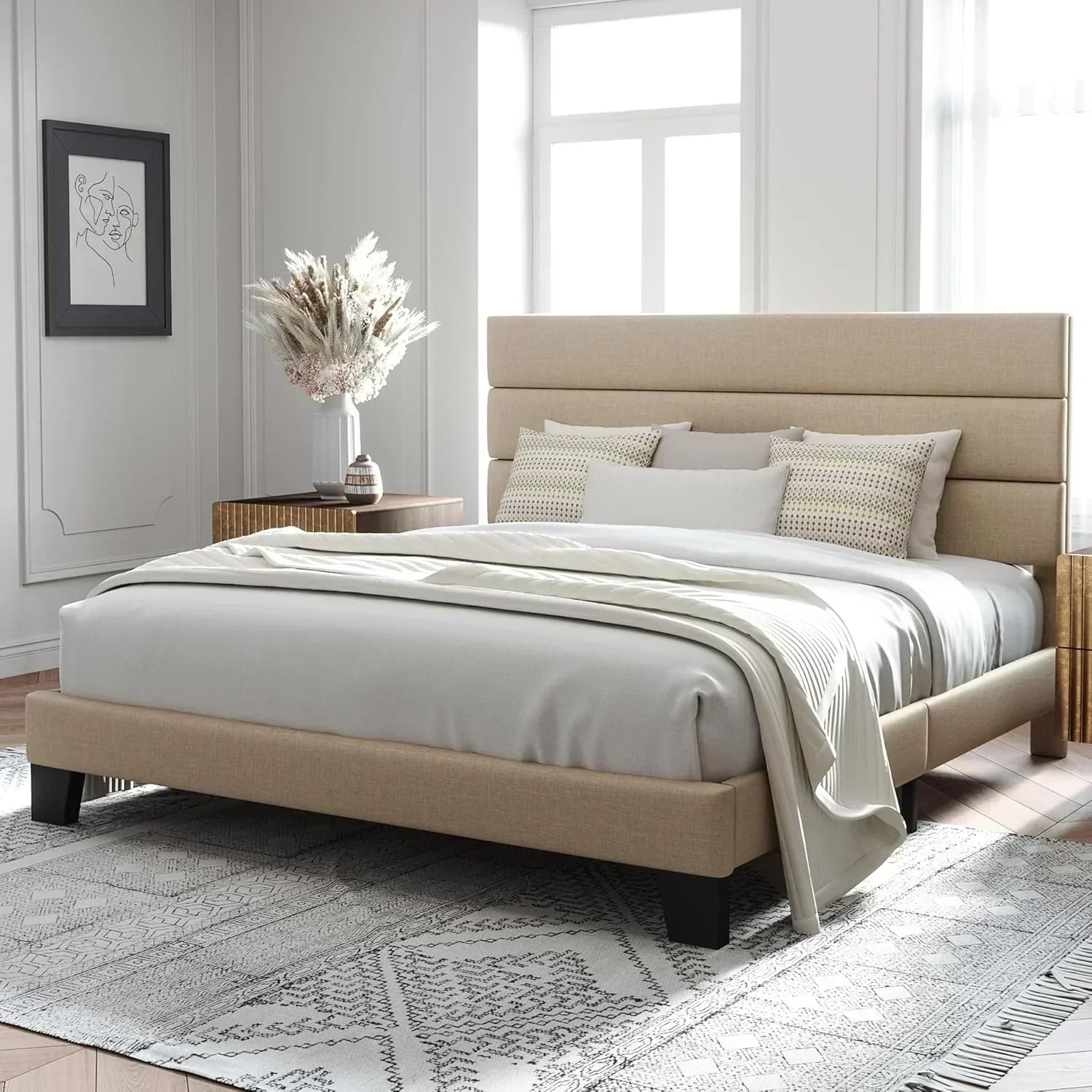 Allewie King size platform bed frame with velvet upholstered headboard and planks