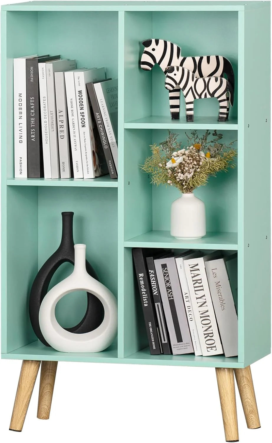 LEYAOYAO Wooden 7 Cube Book Shelf Natural Bookshelf Legs Modern Open Storage Organizer
