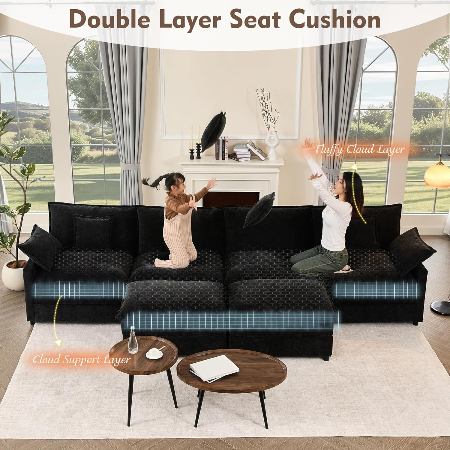 108 Inch U Shape Sofa Sectional Sofa Comfortable Cloud Sofa with Removable Footstool