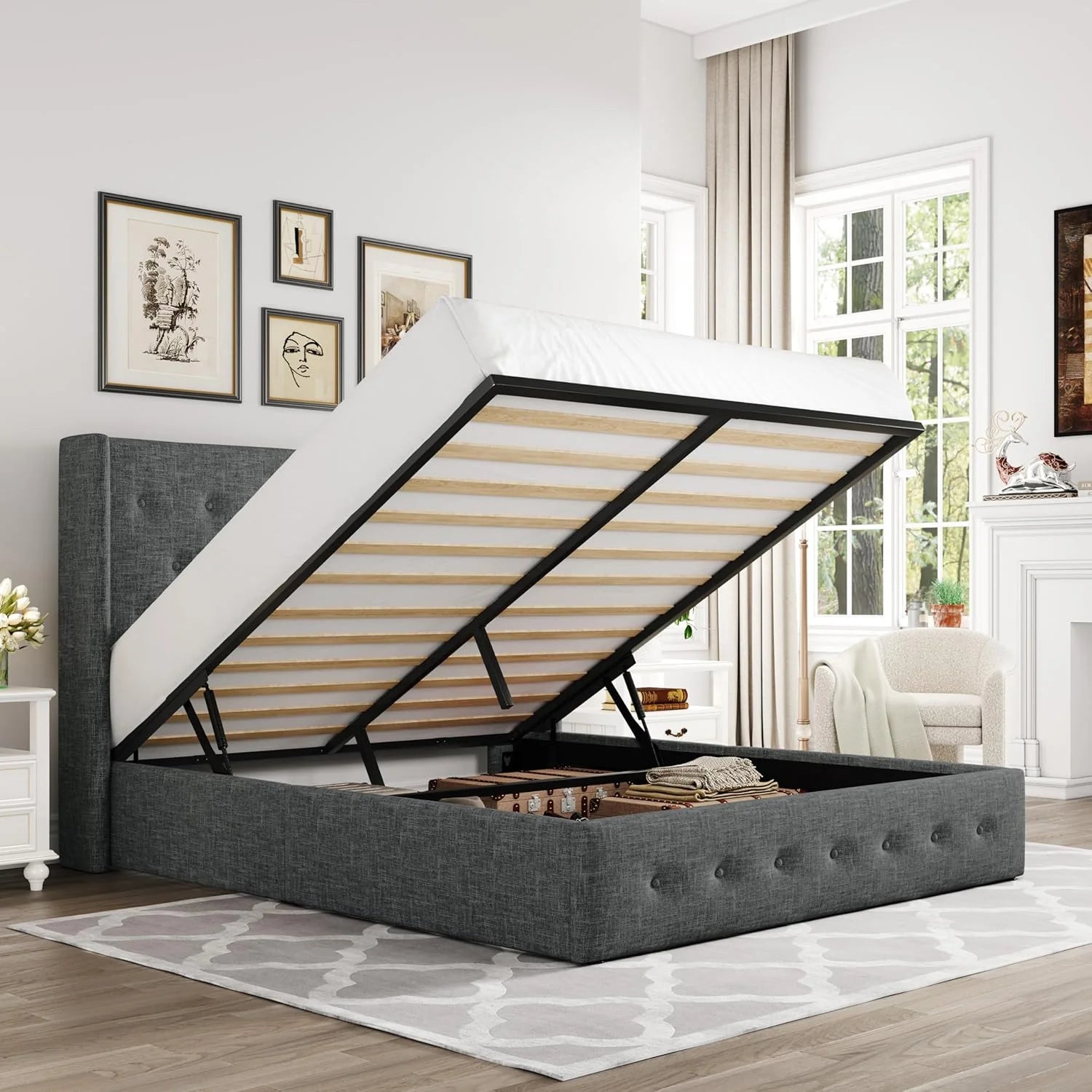 Allewie Queen Size Lift Up Storage Bed Modern Wingback Headboard Hydraulic Support