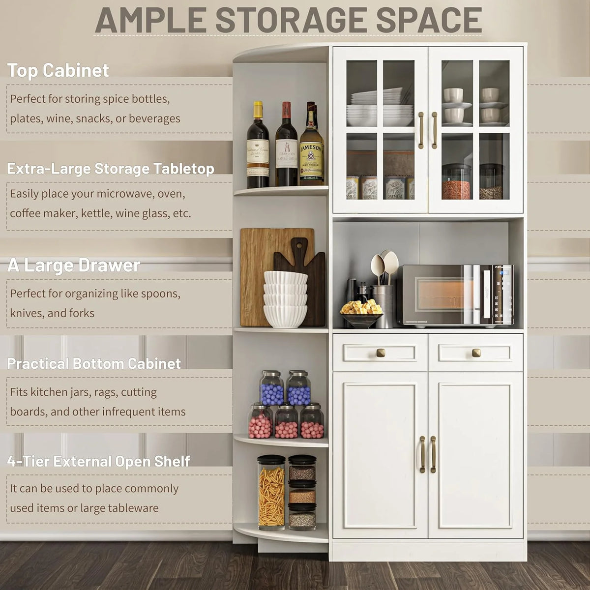 Kitchen Hutch Pantry Cabinet 71 Tall with Glass Doors